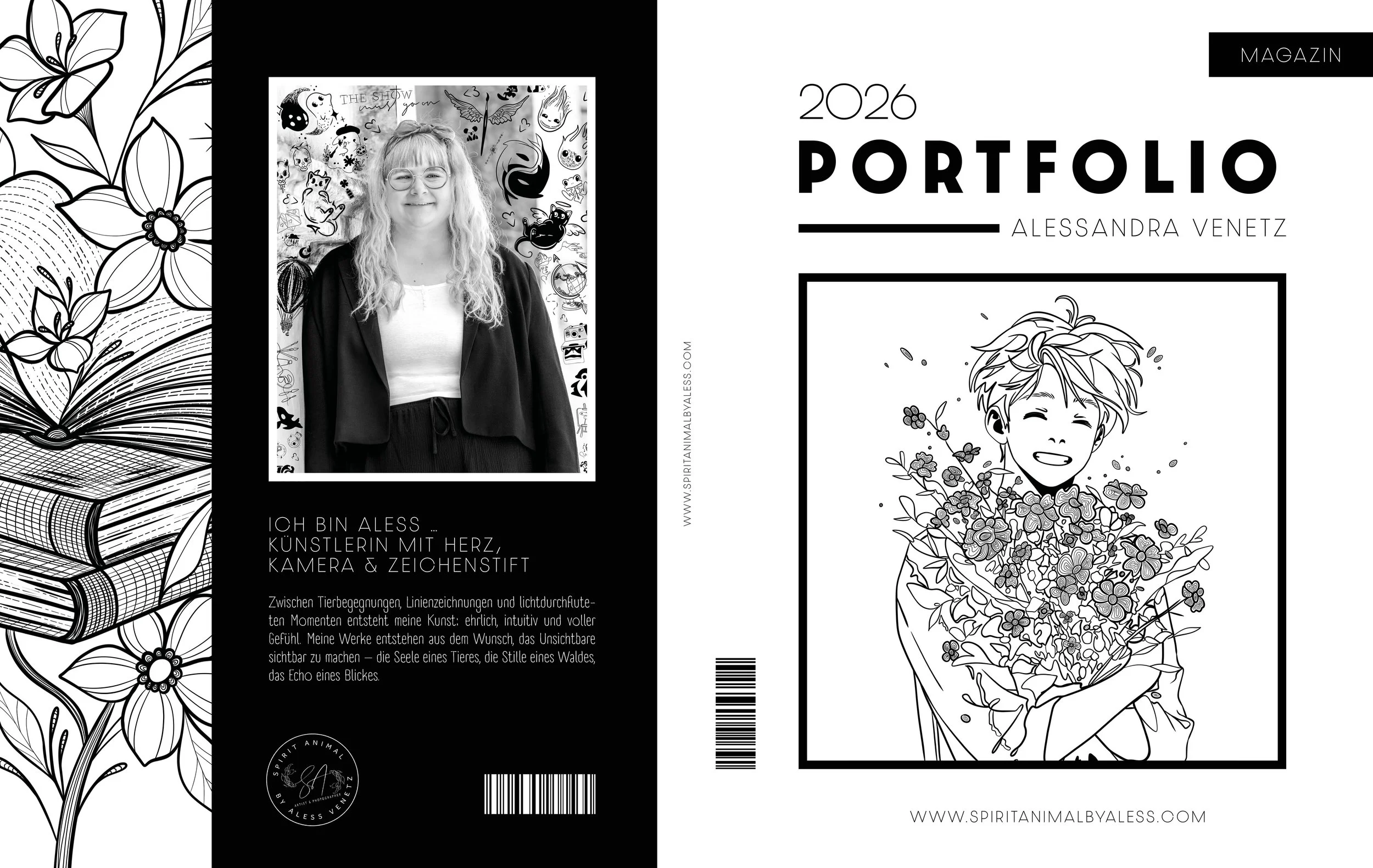 Dieses Bild zeigt das Cover des Portfolios vom Jahr 2026 von der Inhaberin von SPIRIT ANIMAL. Es zeigt eine ihrer Illustrationen von der Buchillustrationen-Reihe "THE MOMENT I LOST YOU". Zudem sieht man auf der Rückseite ein Portrait von Alessandra.