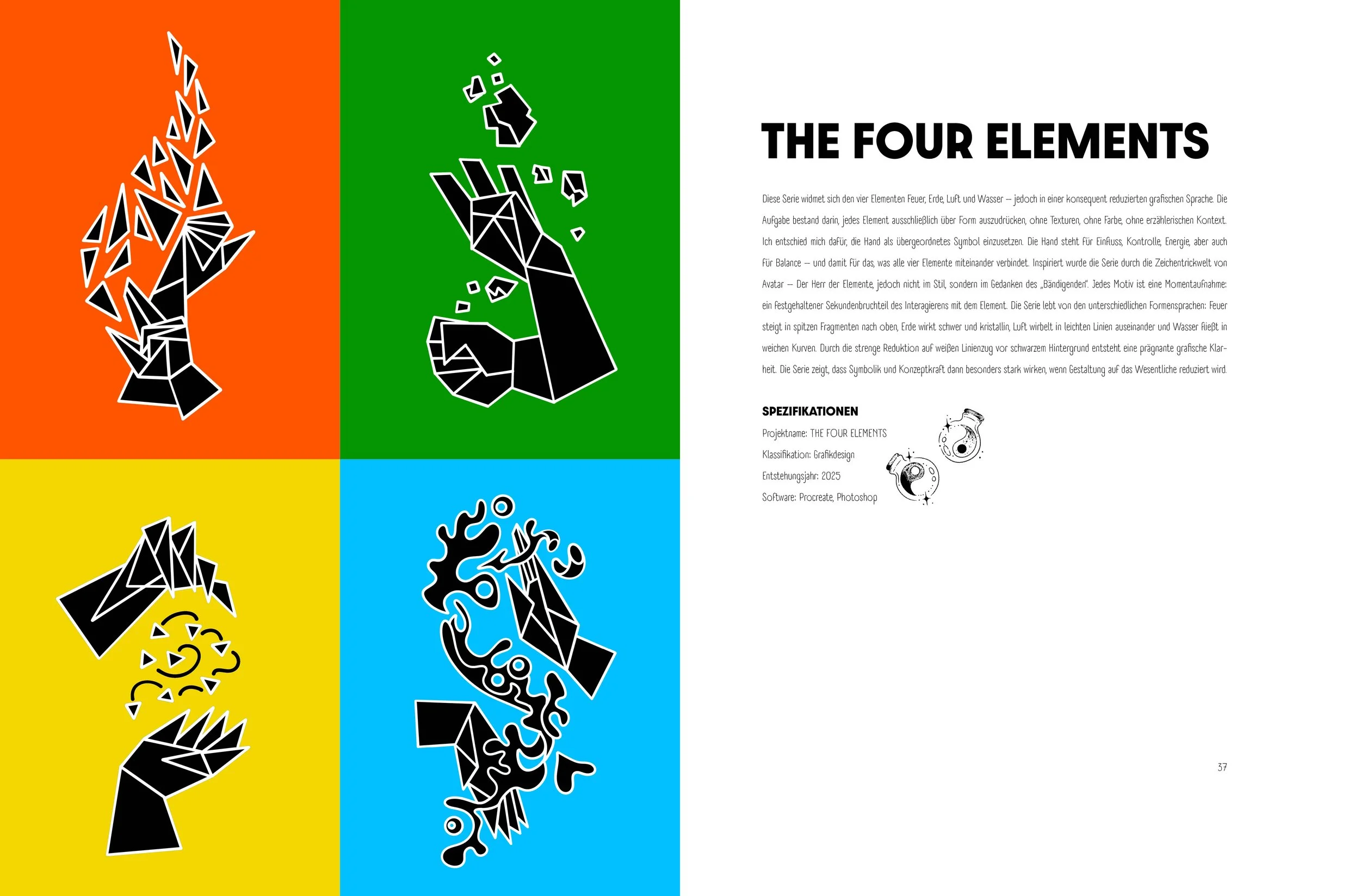 Doppelseite Portfolio. Vier geometrische Symbole, die die vier Elemente Feuer, Erde, Luft und Wasser repräsentieren, in Farben: Rot, Grün, Gelb und Blau. Rechts ein Text über das Projekt: THE FOUR ELEMENTS. Projekt der Inhaberin von SPIRIT ANIMAL