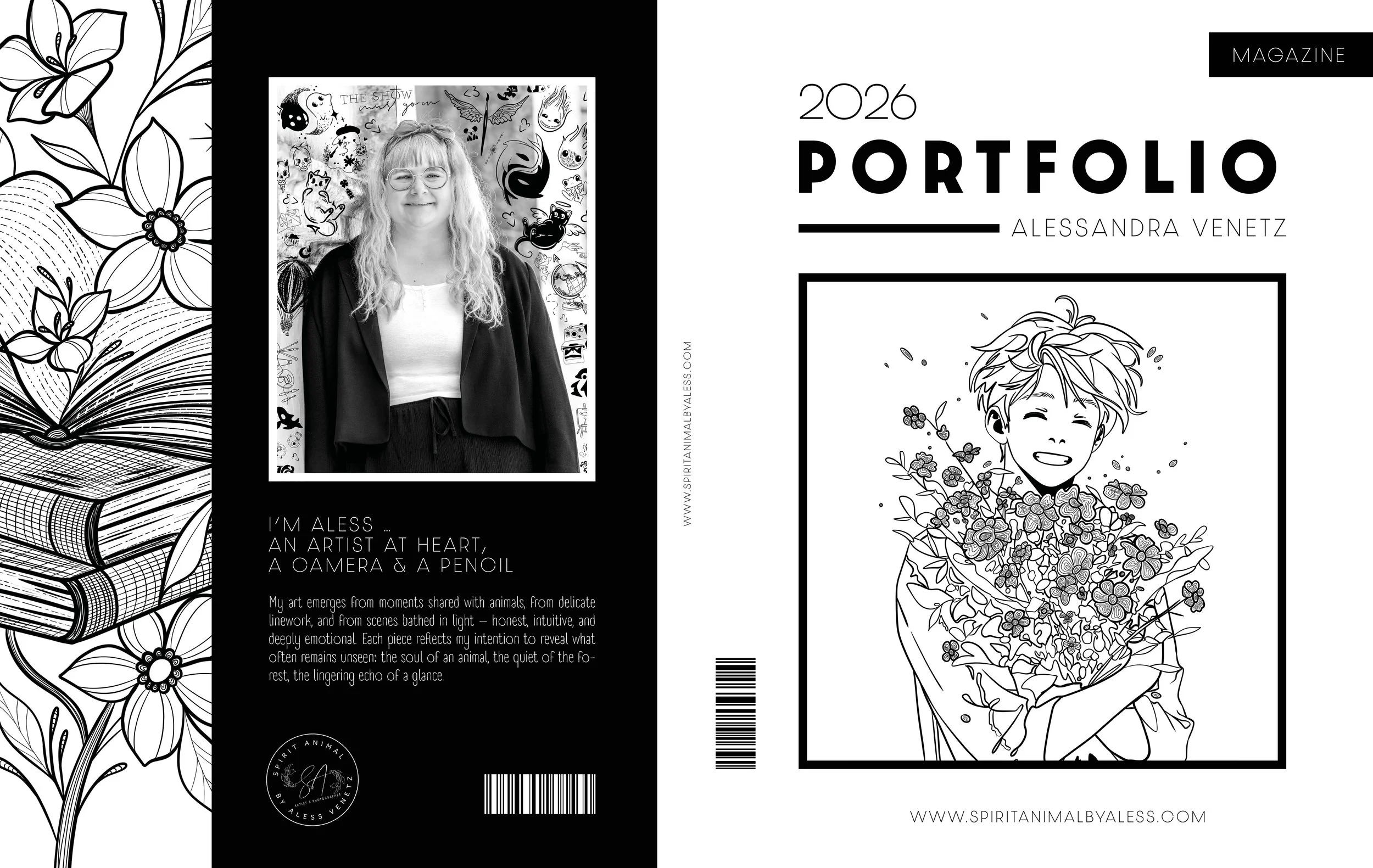 Dieses Bild zeigt das Cover des Portfolios vom Jahr 2026 von der Inhaberin von SPIRIT ANIMAL. Es zeigt eine ihrer Illustrationen von der Buchillustrationen-Reihe "THE MOMENT I LOST YOU". Zudem sieht man auf der Rückseite ein Portrait von Alessandra.