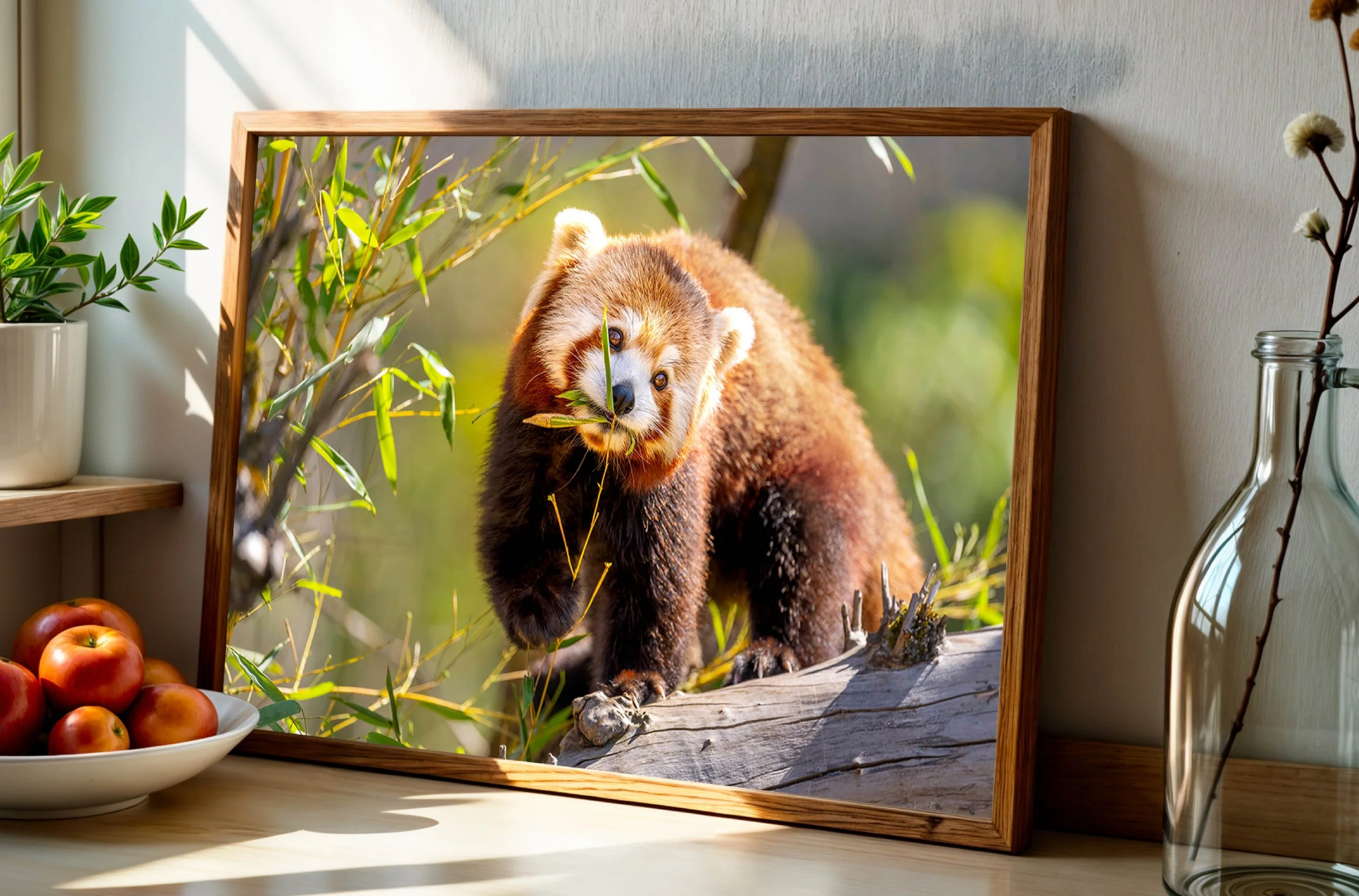 Doppelseite Portfolio. Fotografie eines Roten Pandas im Wald, in einen Bilderrahmen auf einem Tisch, mit Pflanzen und Früchten im Hintergrund. BETWEEN LEAVES AND DREAMS Fotografie von SPIRIT ANIMAL by Aless. Teil von WILD REFLECTION COLORFUL ECHOES.