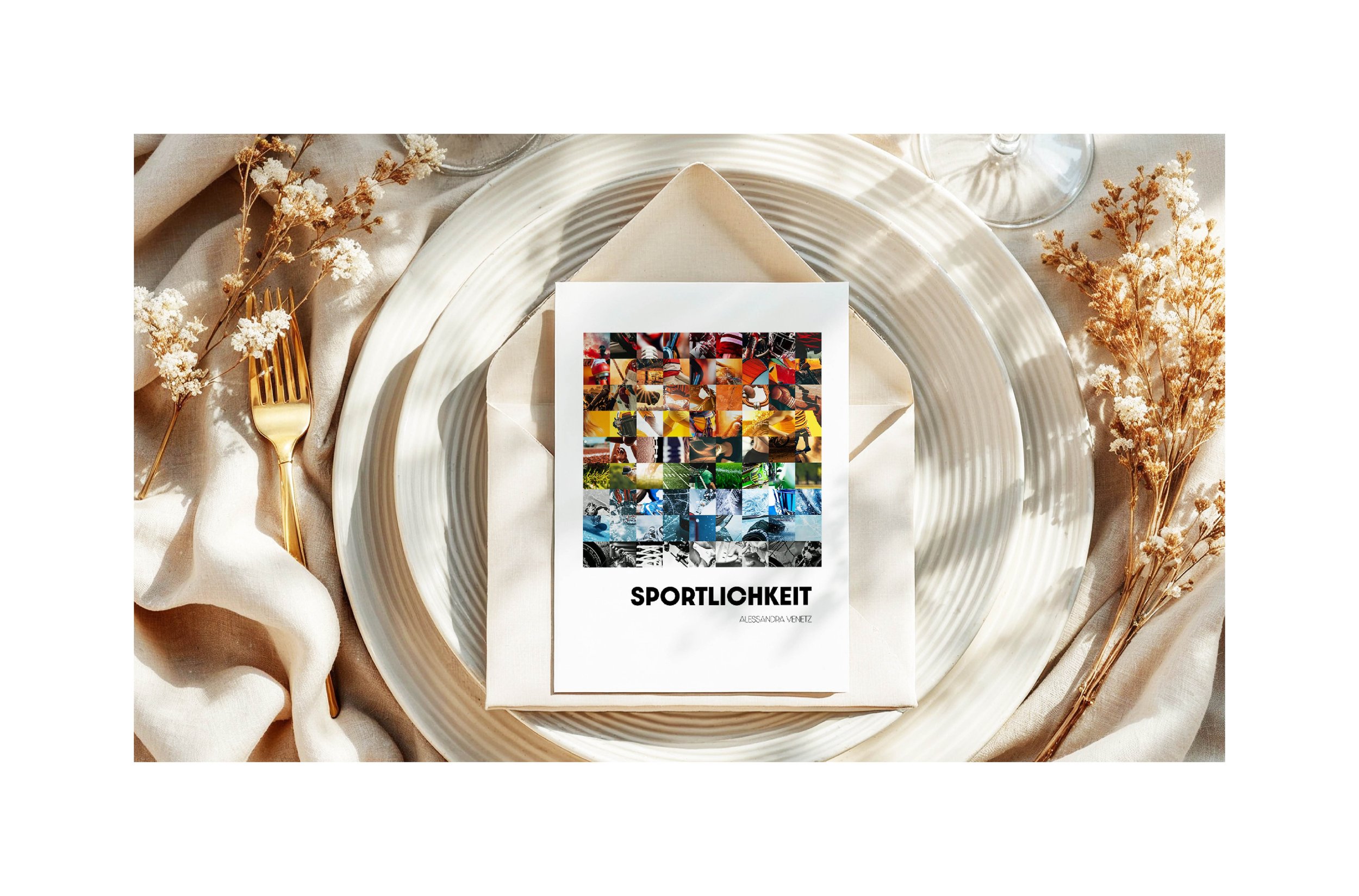 Doppelseite vom Portfolio. Ein gedeckter Tisch mit einem weißen Teller, eine beige Serviette, einem goldfarbenen Besteck, weißen Blumen und einem Buch mit dem Titel 'SPORTLICHKEIT' auf dem Teller, Arbeit von der MOOD PICTURES-Serie.