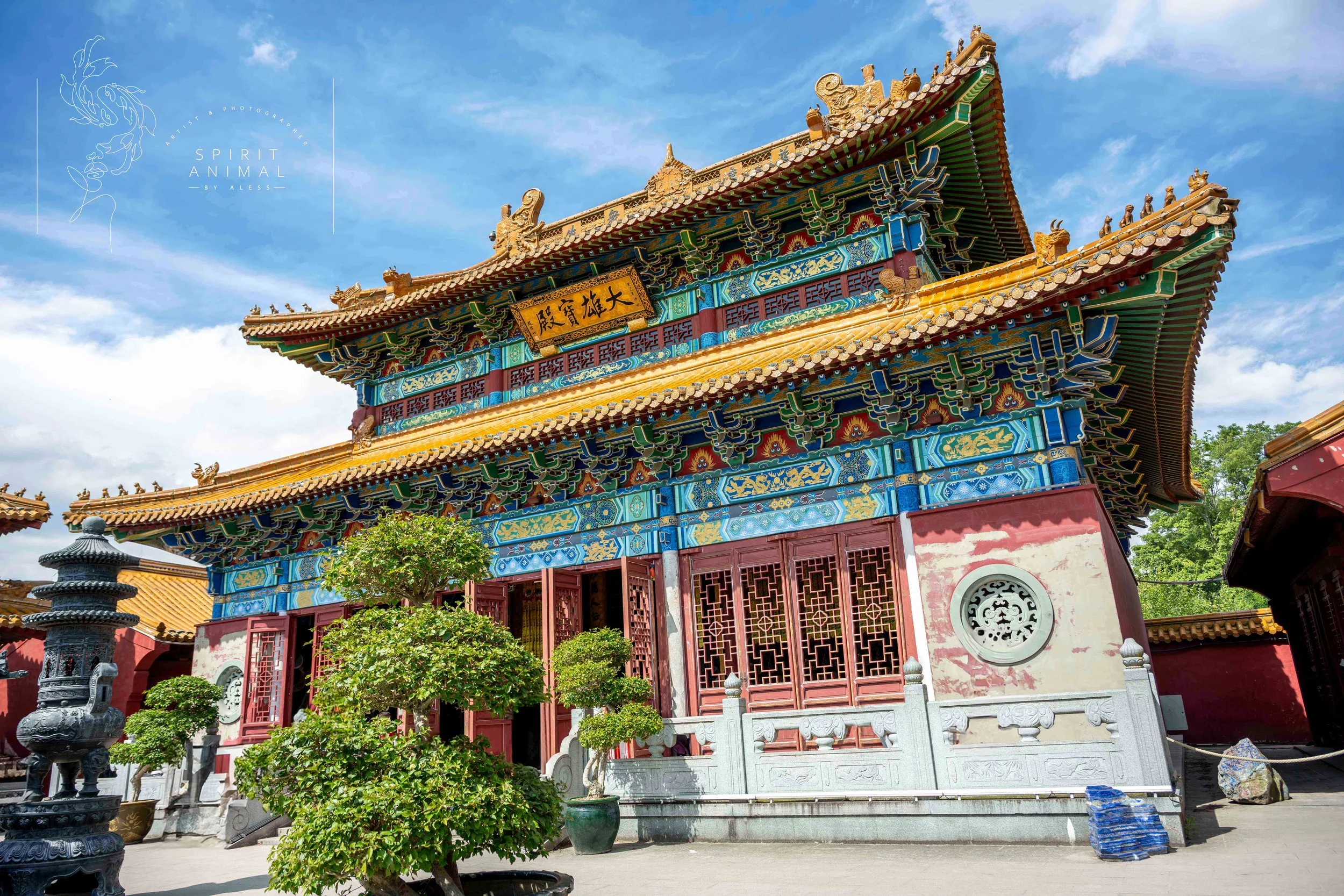 Traditionelles chinesisches Tempelgebäude mit bunten Dekorationen, grünen Pflanzen im Vordergrund und einem blauen Himmel im Hintergrund, Fotografie von SPIRIT ANIMAL