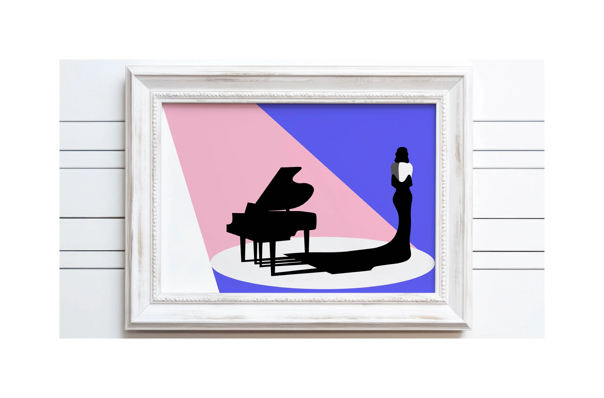 Doppelseite vom Portfolio. Illustration von der Inhaberin von SPIRIT ANIMAL mit Silhouette eines Klaviers und einer stehenden Frau, Hintergrund in Pink und Blau, gerahmt. Teil des METROPOLIS OF WHISHES Projekts.