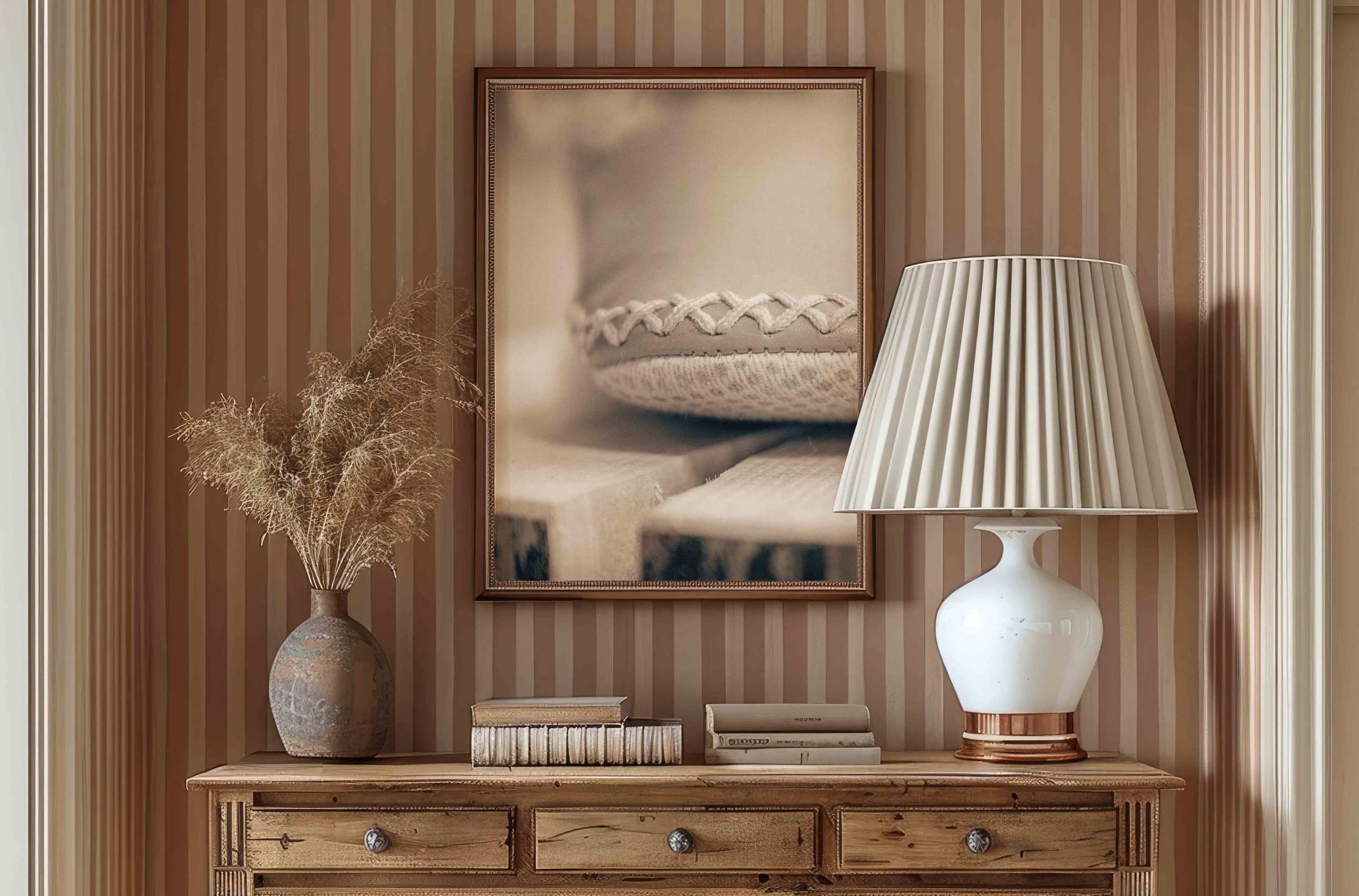 Doppelseite vom Portfolio. Ein Mockup von einer Fotografie der CHILDHOOD MEMORIES Projekts, der Inhaberin von SPIRIT ANIMAL. Es zeigt ein Wohnzimmer mit einem Holztisch, einer Stehlampe mit cremefarbenem Schirm, einem Bilderrahmen und eine Vase.