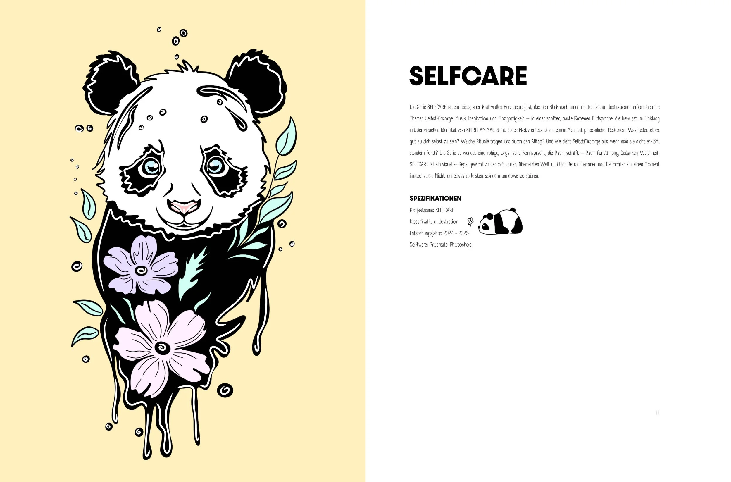 Doppelseite vom Portfolio. Illustration von SPIRIT ANIMAL eines Pandas mit Blumen auf einem cremefarbenen Hintergrund, neben Text über die Serie SELFCARE auf einer weißen Seite.