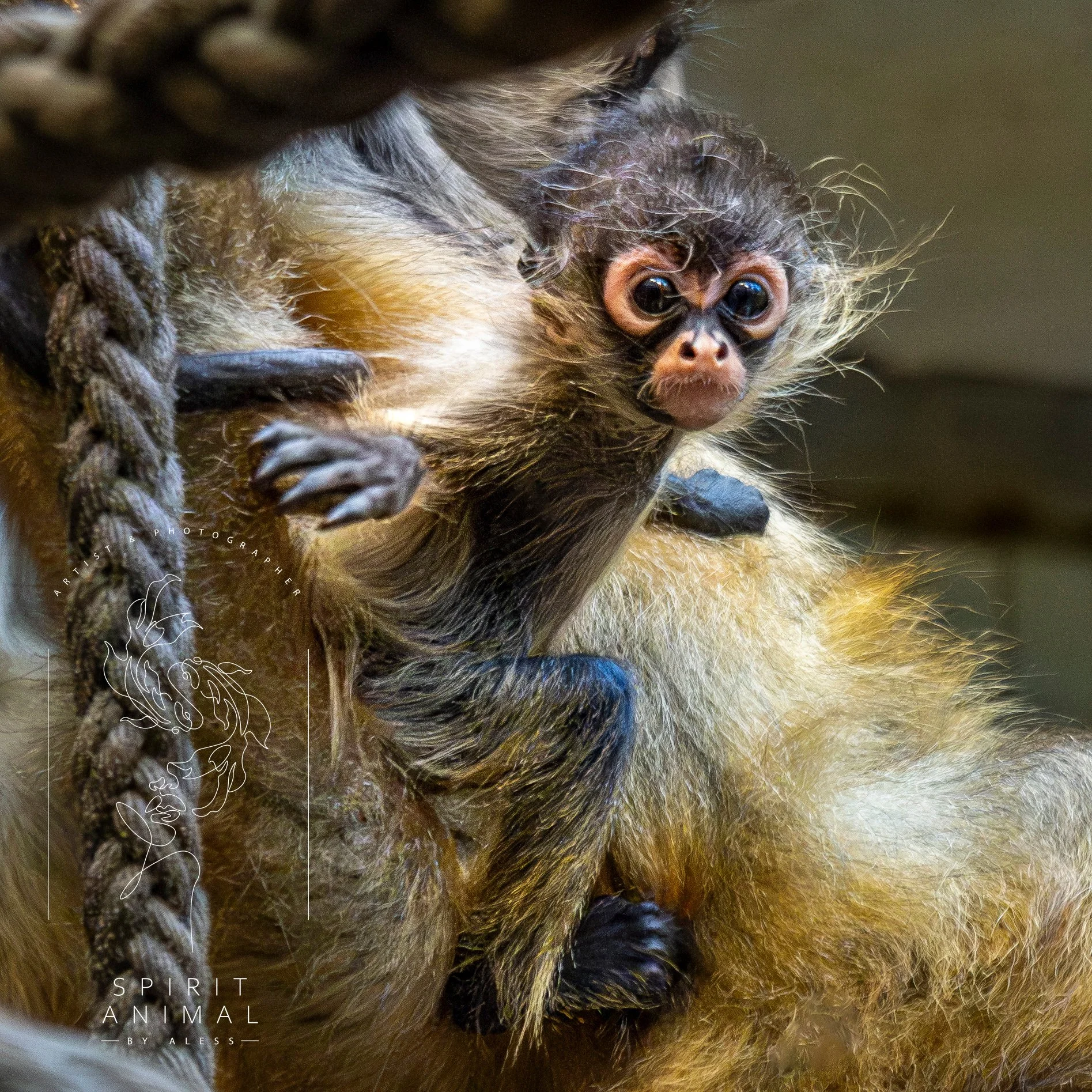 Nahaufnahme eines kleinen Affen, welcher an einem Baum hängt, Fotografie von SPIRIT ANIMAL