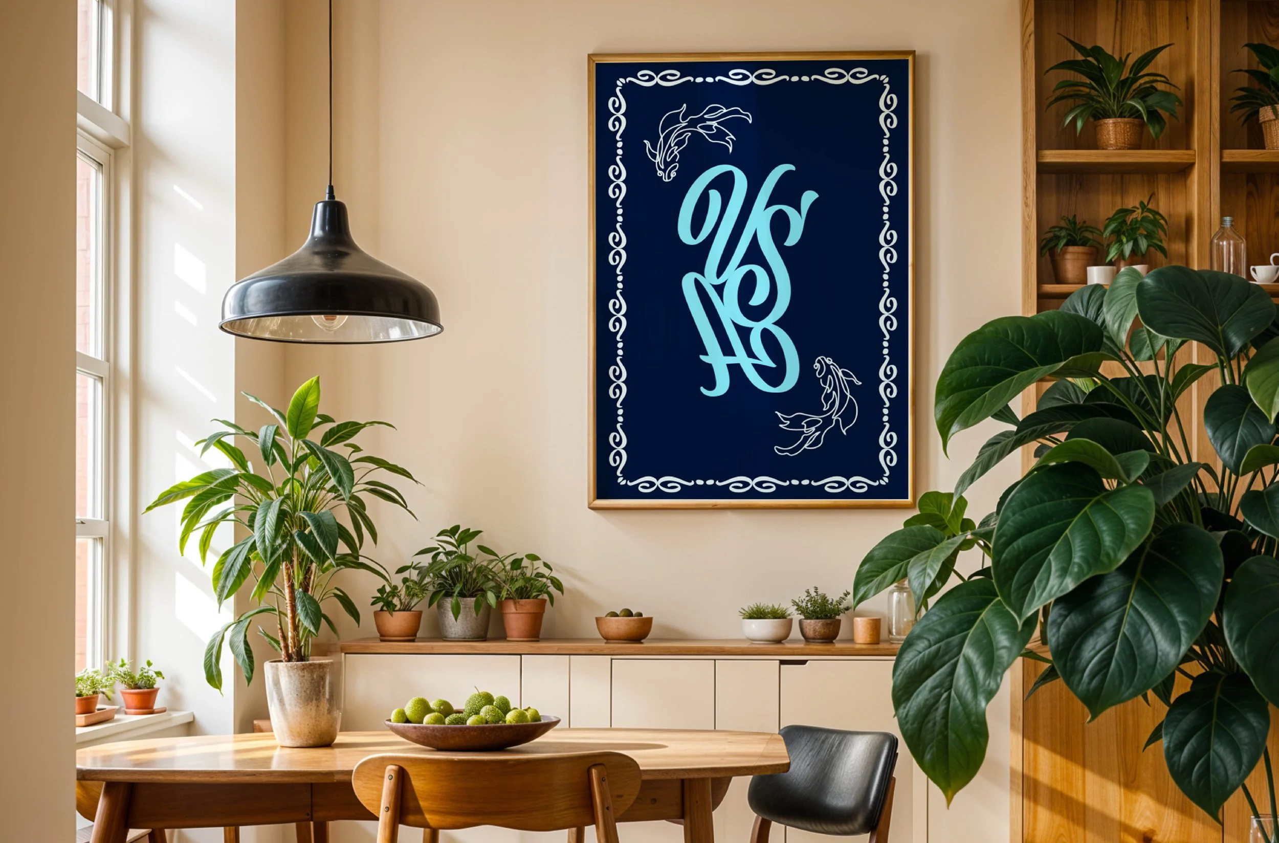 Doppelseite vom Portfolio. Mockup mit einem Essbereich mit Holztisch, mehreren Grünpflanzen und einem großen Wandbild mit Blautönen des Monogramms, Typografie-Aufgabe von der Inhaberin von SPIRIT ANIMAL. Teil des MONOGRAMS Projekts.