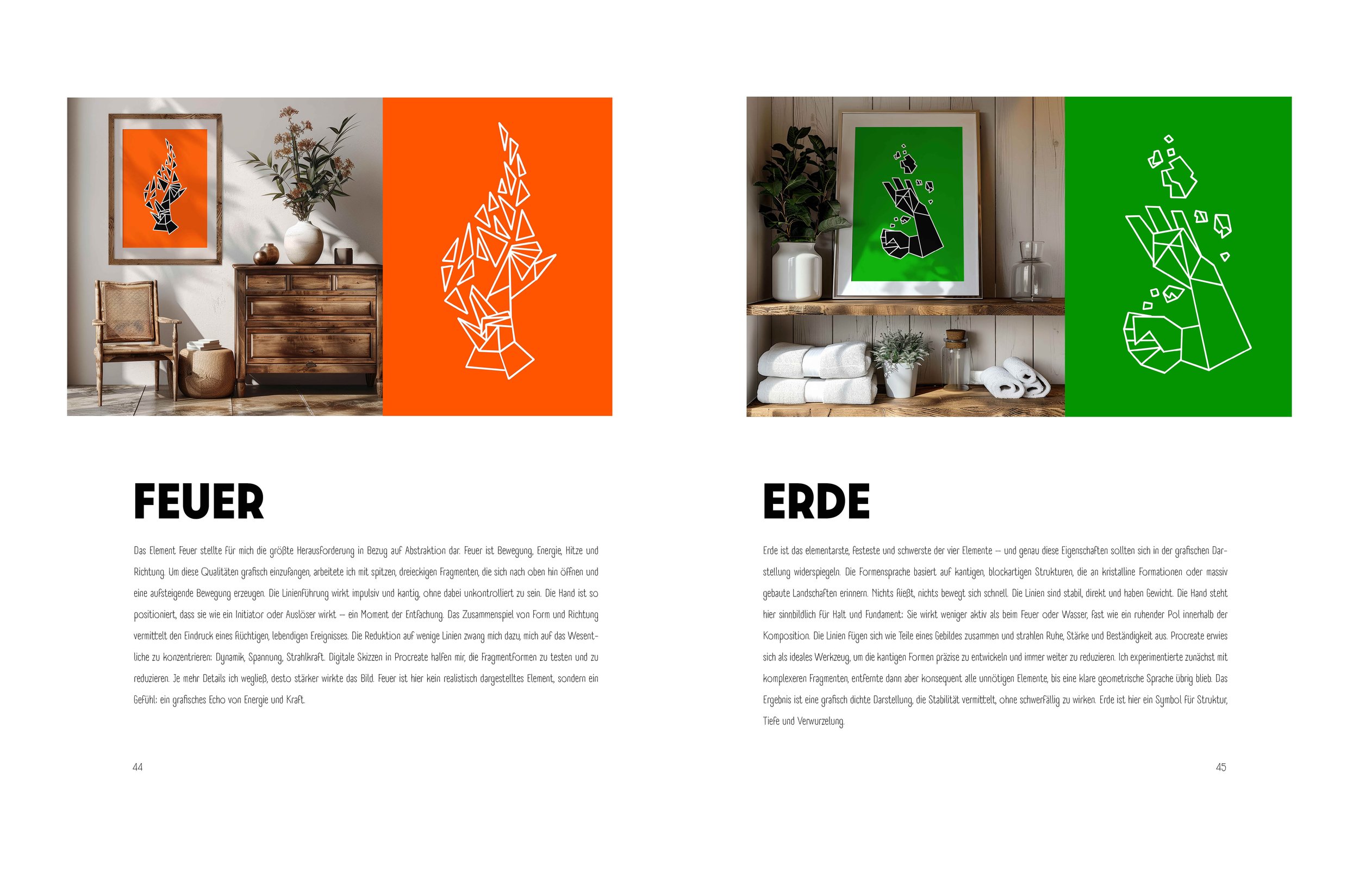 Doppelseite vom Portfolio. Collagen von den Elementen Feuer und Erde, jeweils mit kurzem Beschrieb. Projekt: THE FOUR ELEMENTS Projekt der Inhaberin von SPIRIT ANIMAL.