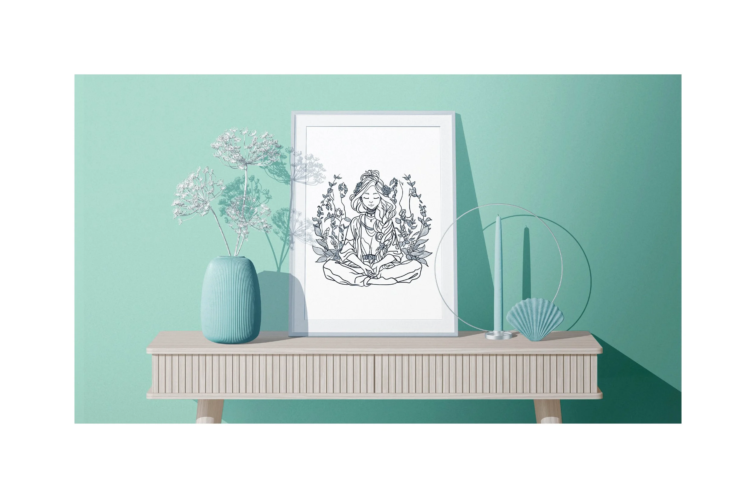 Doppelseite vom Portfolio. Ein Mockup eines Holztisches mit einer blauen Vase, einer gerahmten Illustration von einer meditierenden Frau mit Blumen von SPIRIT ANIMAL, einer Vase vor einer türkisfarbenen Wand. Teil des THE MOMENT I LOST YOU Projekt.