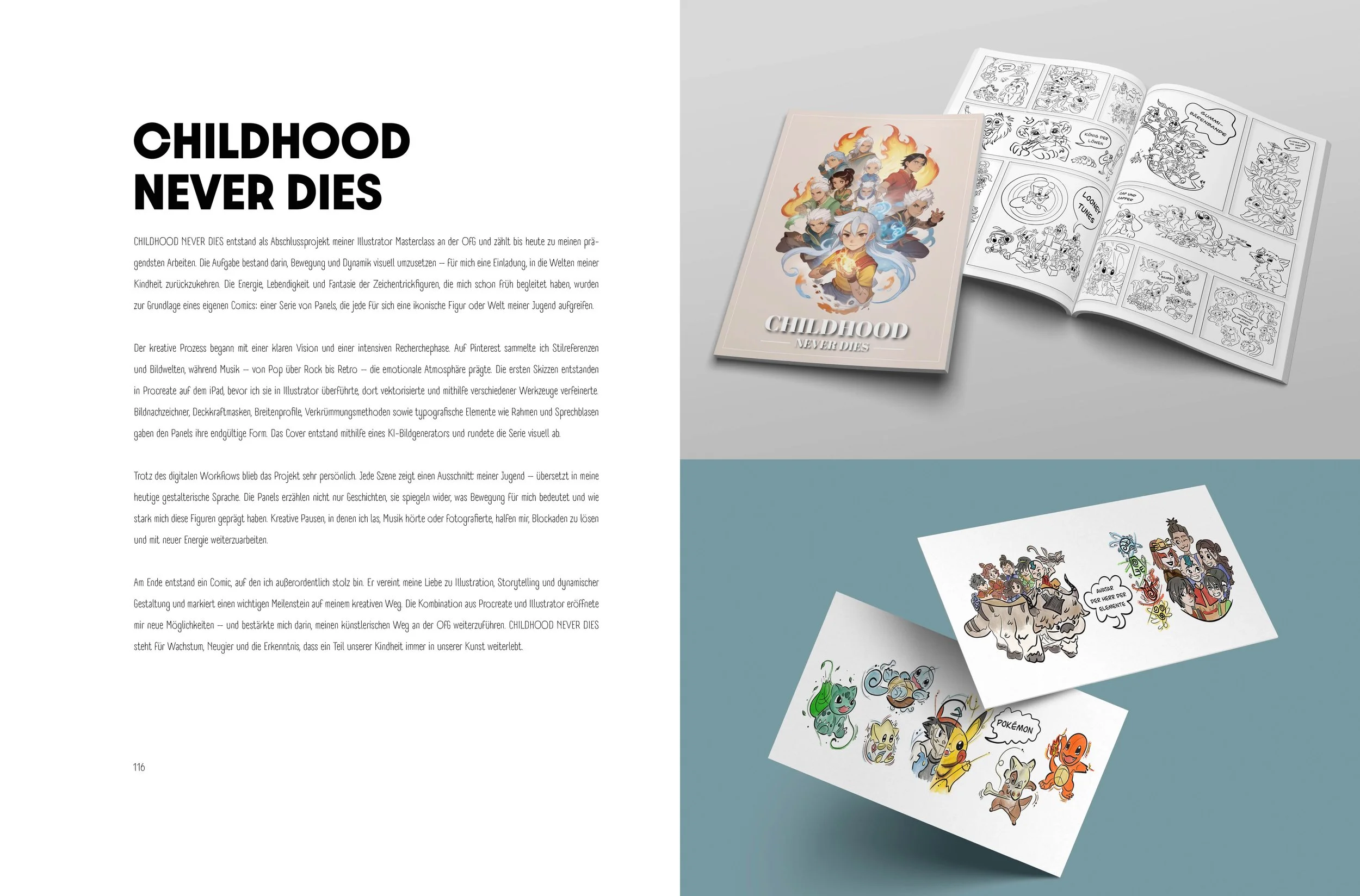 Doppelseite vom Portfolio. Rechts ein Text über die CHILDHOOD NEVER DIES-Reihe. Rechts zwei Mockups der Illustrationen der Inhaberin von SPIRIT ANIMAL, von verschiedenen Videospiel- und TV-Charakteren. Teil des CHILDHOOD NEVER DIES Projekt.