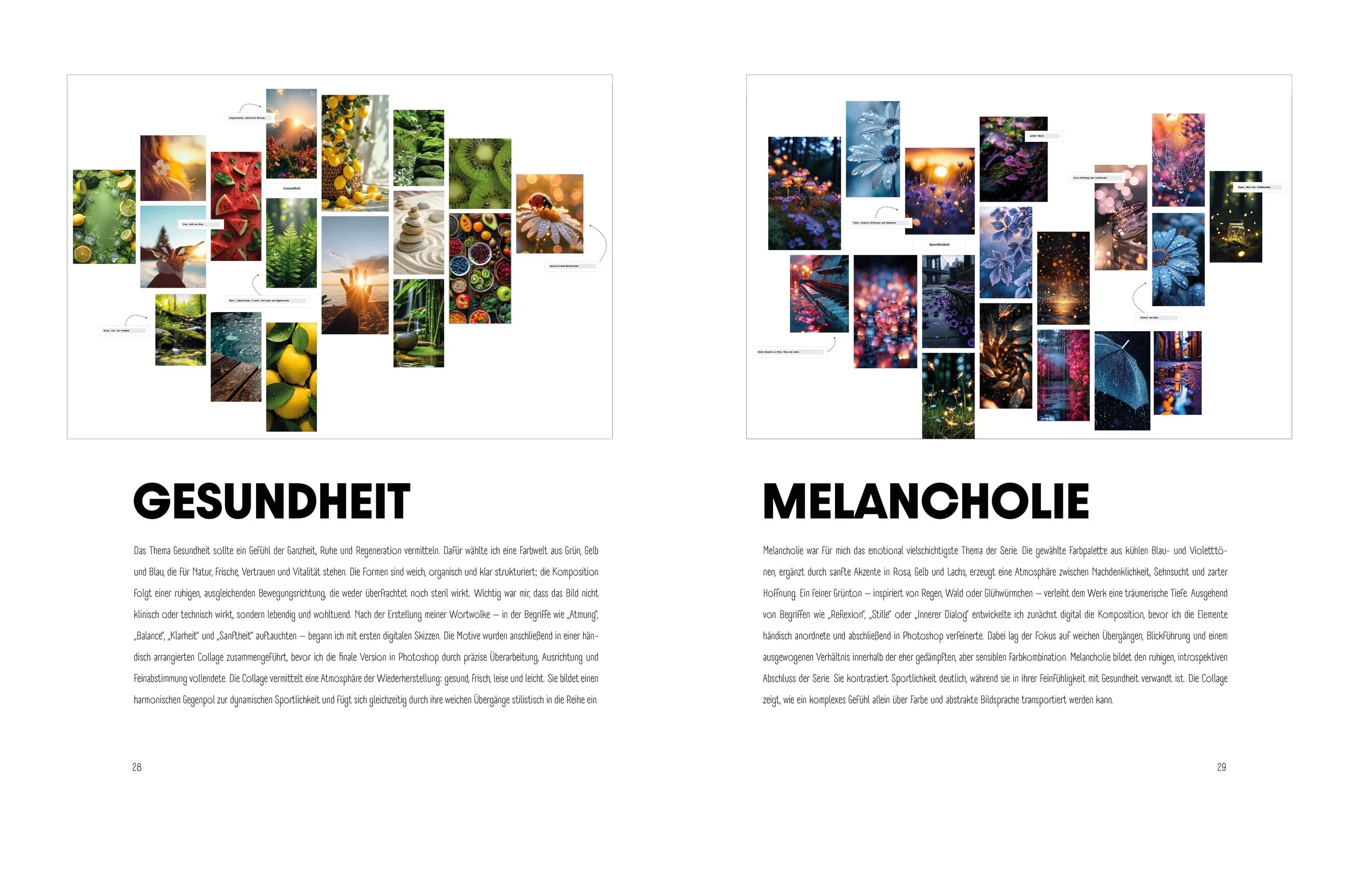 Doppelseite eines Portfolios mit zwei Themen: Gesundheit und Melancholie. Arbeit von der MOOD PICTURES-Serie.