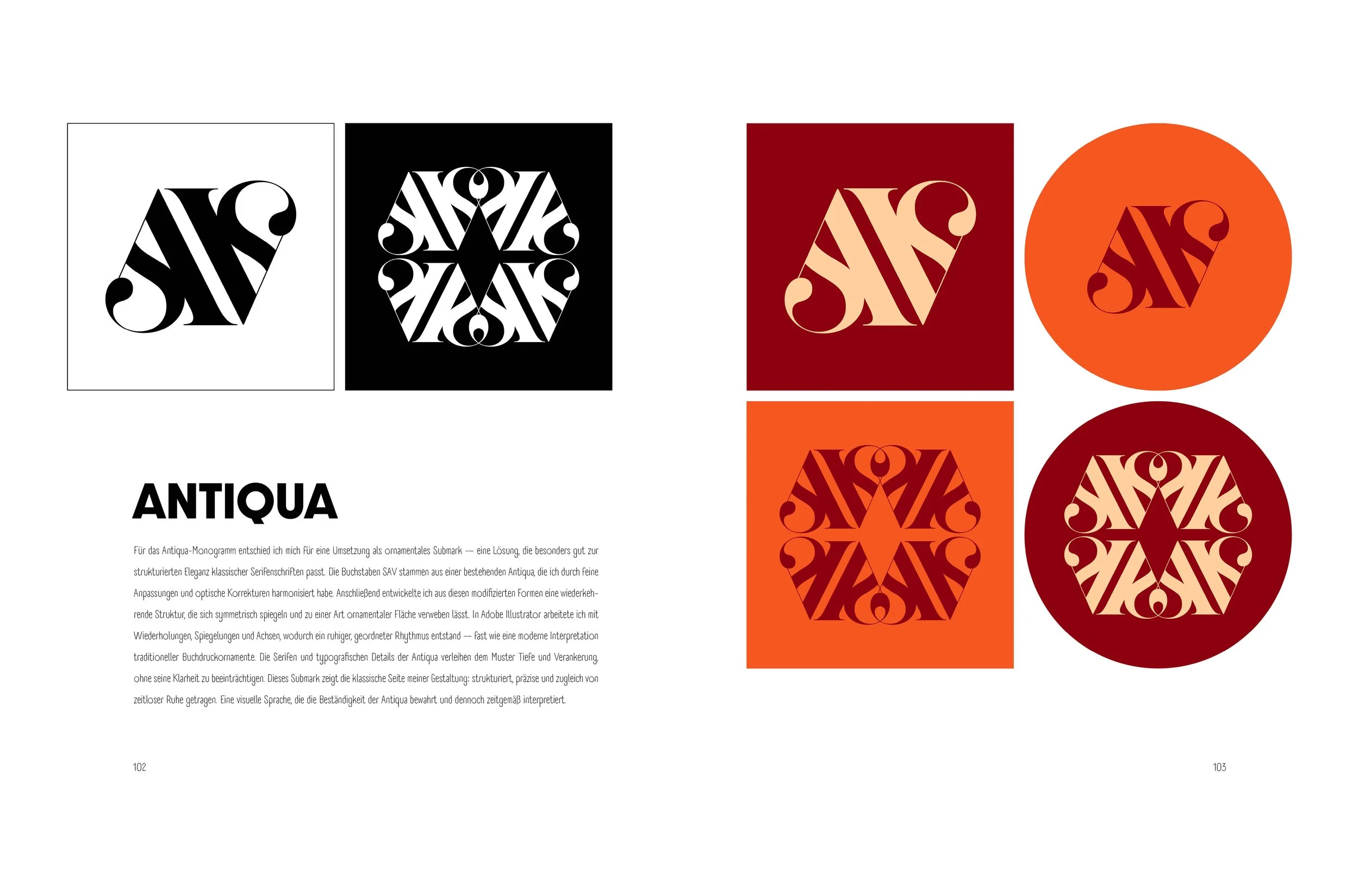 Doppelseite vom Portfolio. Sechs Varianten eines antiken Monogramms in Schwarz, Weiss, Rot, Orange und Beige, bestehend aus verschlungenen Buchstaben und Ornamenten, mit Text über ANTIQUA-MONOGRAMS, Typografie-Aufgabe von SPIRIT ANIMAL