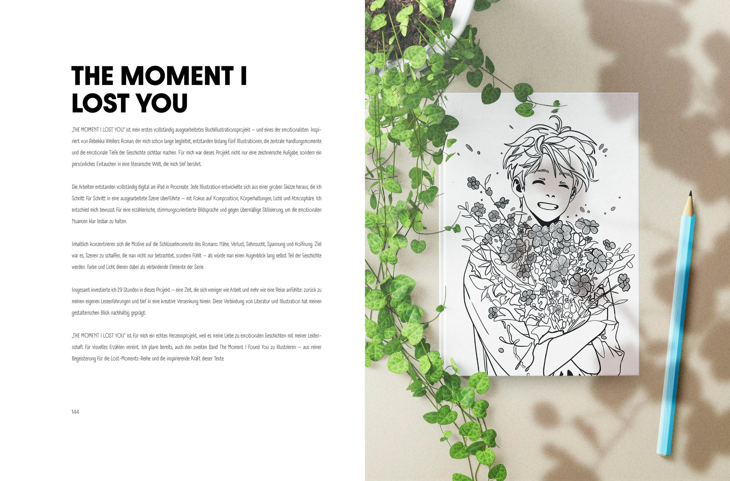 Doppelseite vom Portfolio. Links ein Text über THE MOMENT I LOST YOU-Projekt, rechts eine Buchillustration der Inhaberin von SPIRIT ANIMAL, vom entsprechenden Buch.