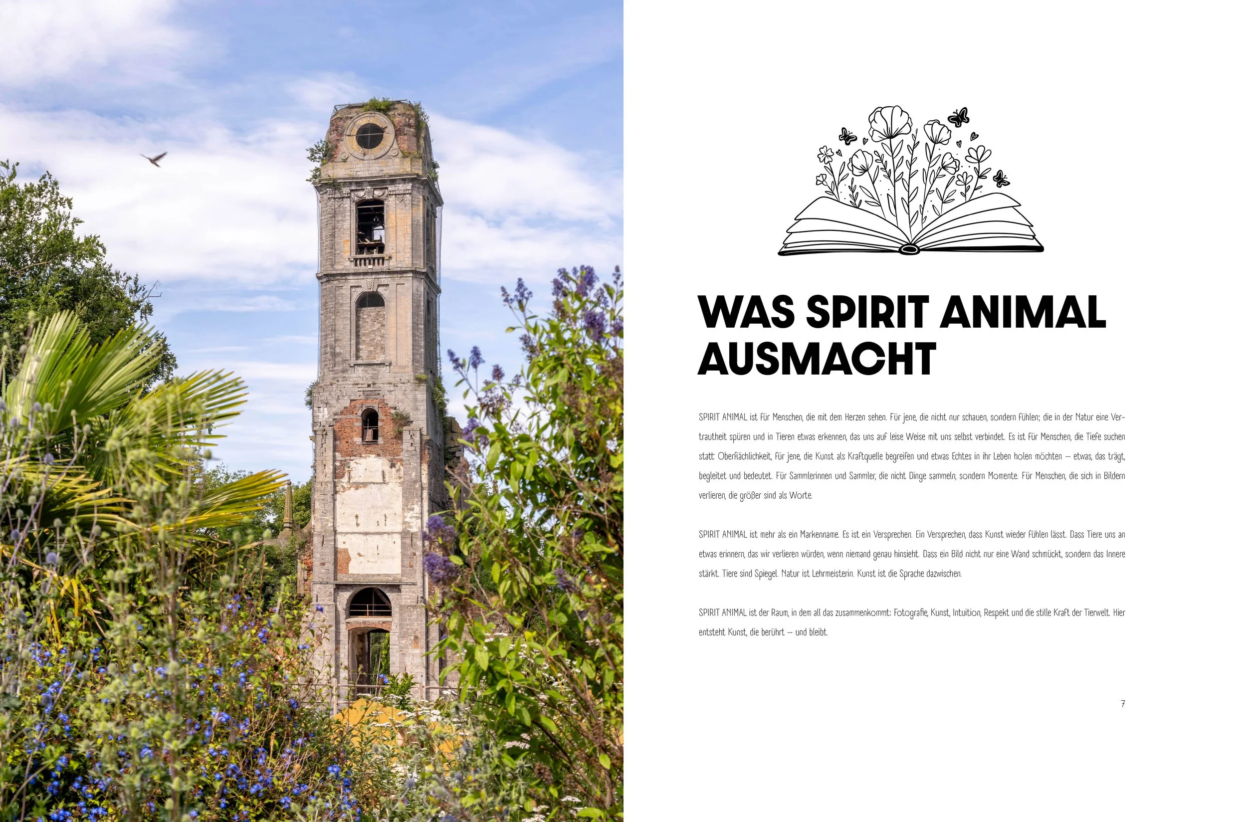 Eine Doppelseite vom Portfolio. Auf der linken Seite eine Fotografie von SPIRIT ANIMAL by Aless. Das Bild zeigt einen antiken Turm, umgeben von Pflanzen und blauen Himmel.  Auf der rechten Seite ein Text was SPIRIT ANIMAL ausmacht.