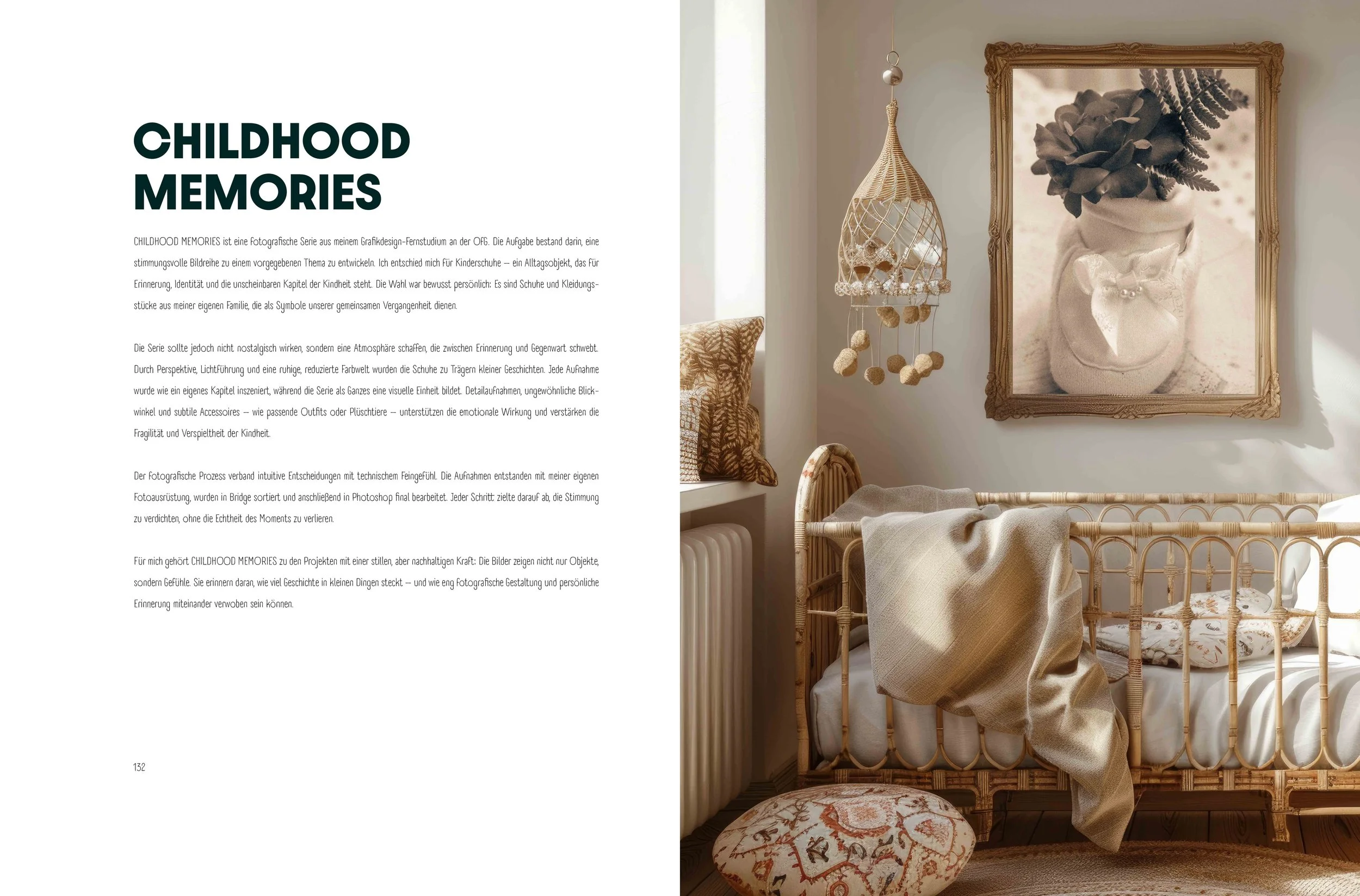 Doppelseite Portfolio. Links einen Text über das CHILDHOOD MEMORIES Projekt. Rechts ein Mockup mit einer Fotografie mit Kinderschuhen der Grafikdesign-Aufgabe von SPIRIT ANIMAL. 