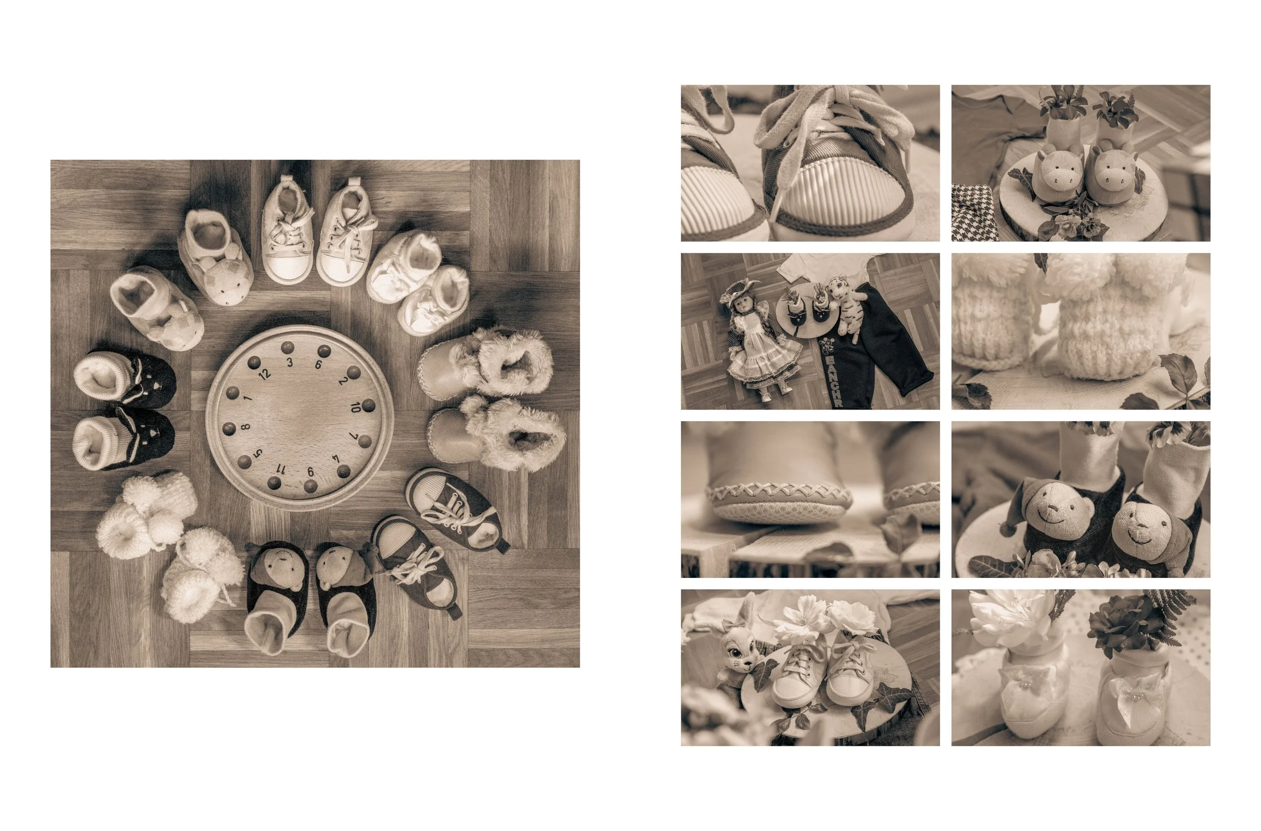 Doppelseite vom Portfolio. Übersicht CHILDHOOD MEMORIES-Reihe, mit verschiedenen Fotografien von der Inhaberin von SPIRIT ANIMAL.