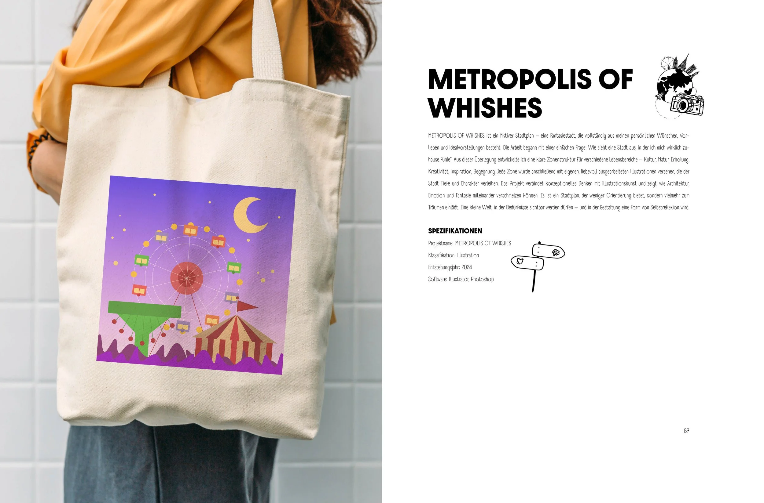 Doppelseite Portfolio. Links eine Tasche mit einer Illustration von SPIRIT ANIMAL eines Rummelbergs mit Riesenrad und Zelt, nachts mit Sternenhimmel und Mond. Rechts einen Text über das METROPOLIS OF WHISHES Projekt der Inhaberin von SPIRIT ANIMAL.
