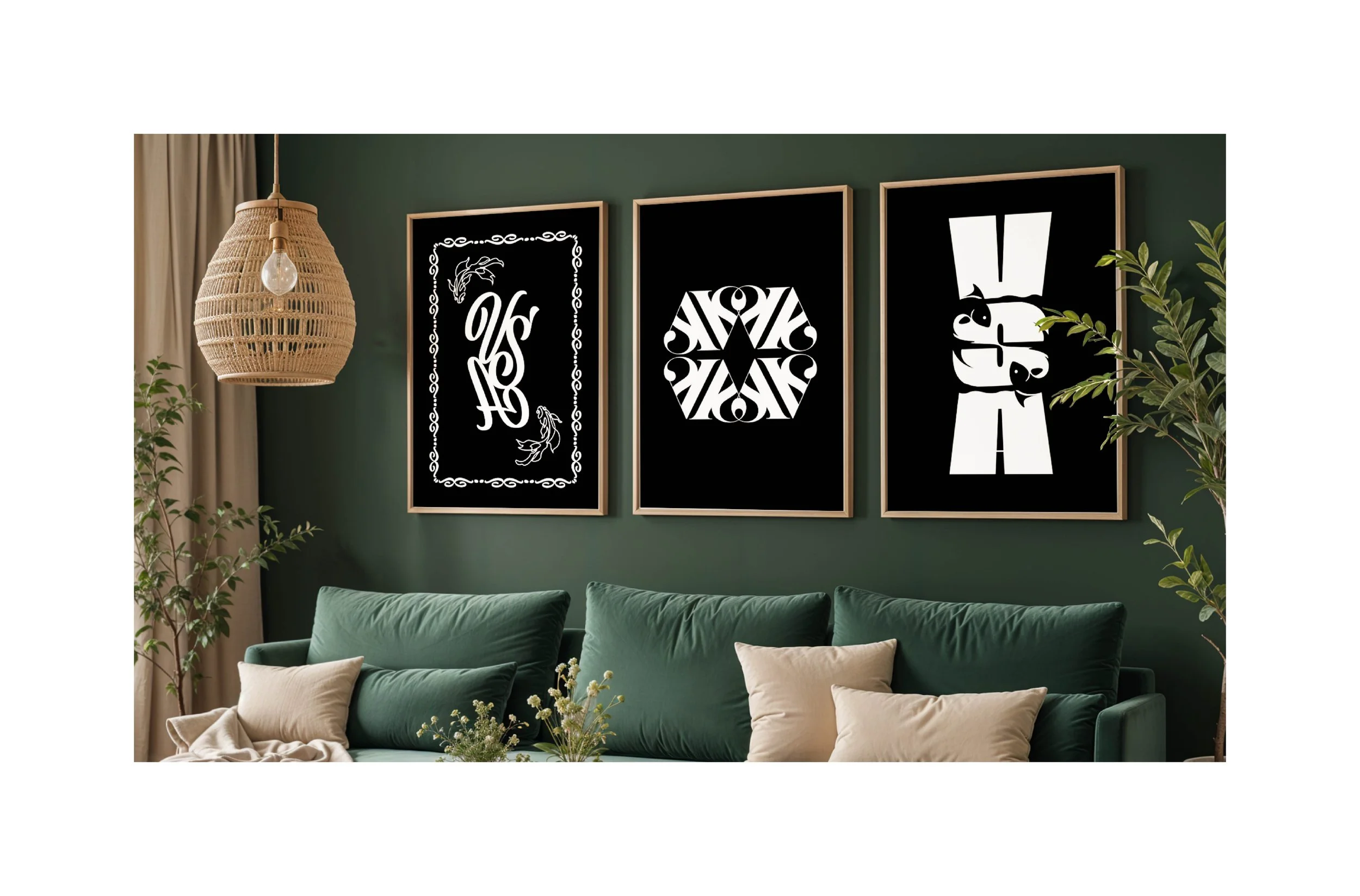 Doppelseite vom Portfolio. Ein Mockup vom Wohnzimmer mit grüner Wand, drei schwarzen und weißen Monogrammen, Typografie-Aufgabe von der Inhaberin von SPIRIT ANIMAL an der Wand, eine grüne Couch, eine Stehlampe und Pflanzen. Teil des MONOGRAMS Projekt