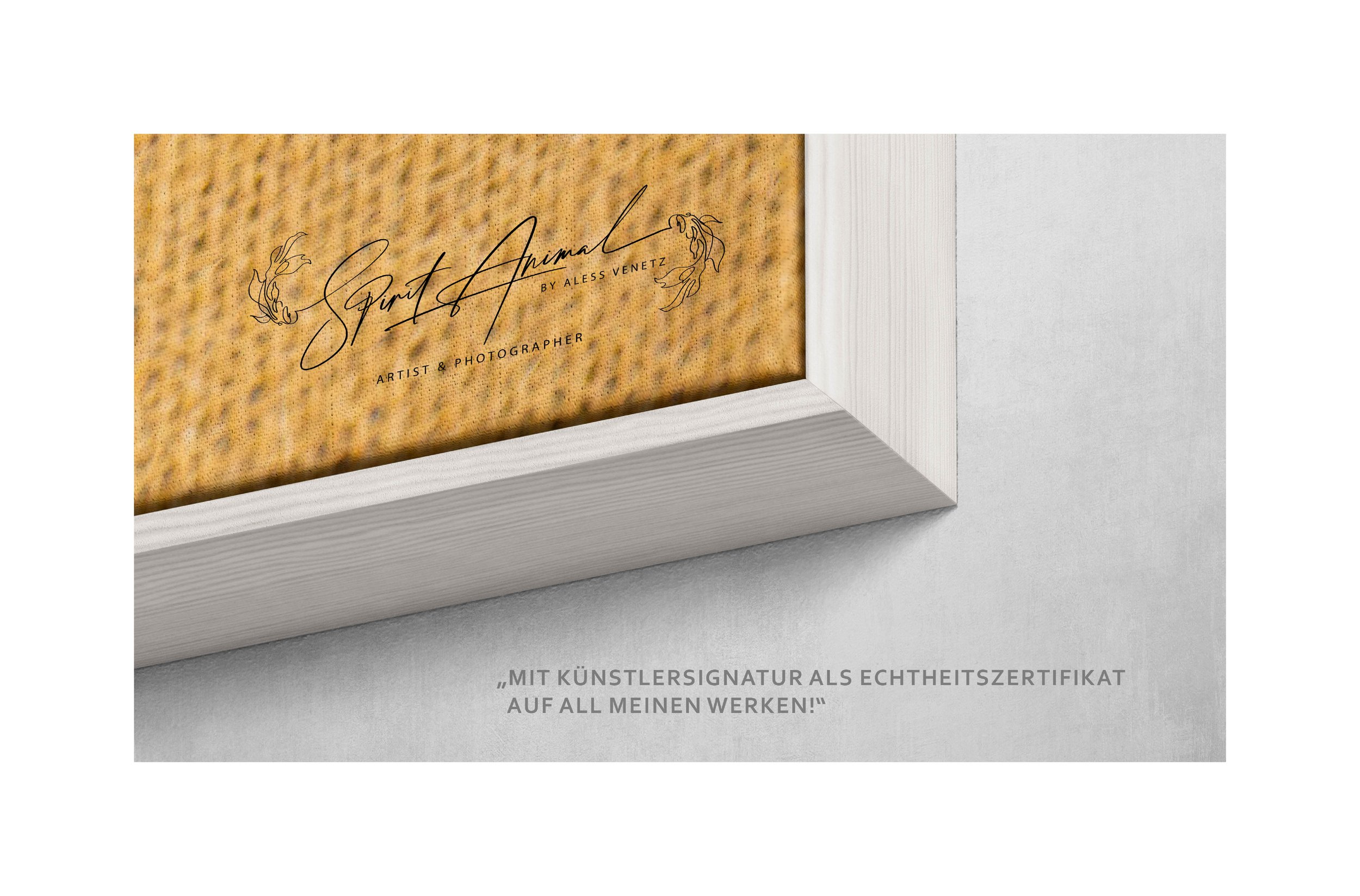 Echtheitszertifikat: Farb-Foto eines Kunstwerks der Inhaberin von SPIRIT ANIMAL, mit weissem Rahmen und textlichem Overlay, das auf Kunstsignatur hinweist.