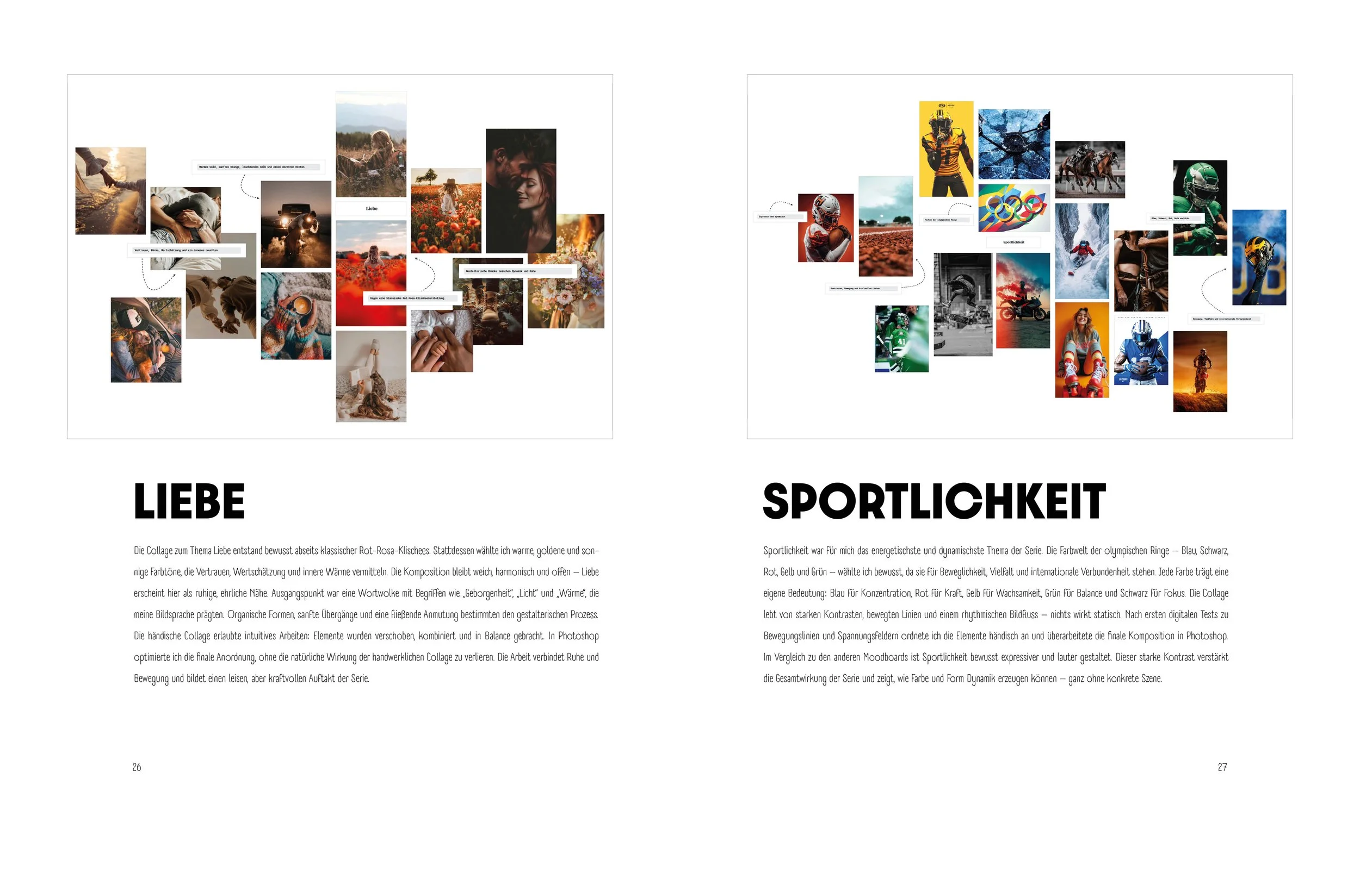 Doppelseite eines Portfolios mit zwei Collagen, jeweils eine zum Thema Liebe und die andere zum Thema Sportlichkeit, mit begleitendem Text in deutscher Sprache. Arbeit von der MOOD PICTURES-Serie.