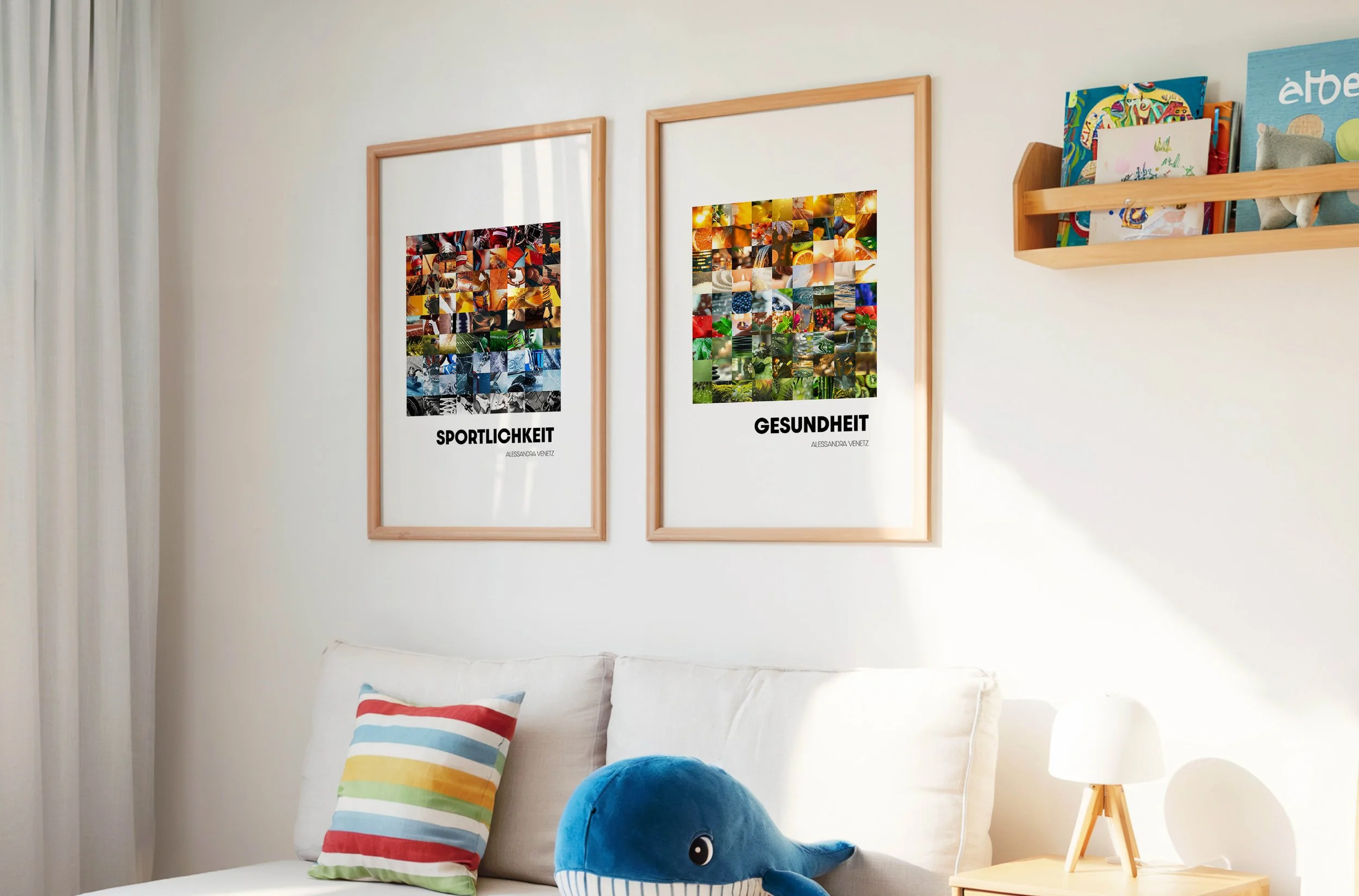 Doppelseite vom Portfolio. Zwei Bilder in Rahmen an einer weißen Wand, die jeweils Collagen zeigen. Der linke Titel lautet "Sportlichkeit", der rechte "Gesundheit". Darunter steht jeweils der Name Alessandra Venez, Inhaberin von SPIRIT ANIMAL.