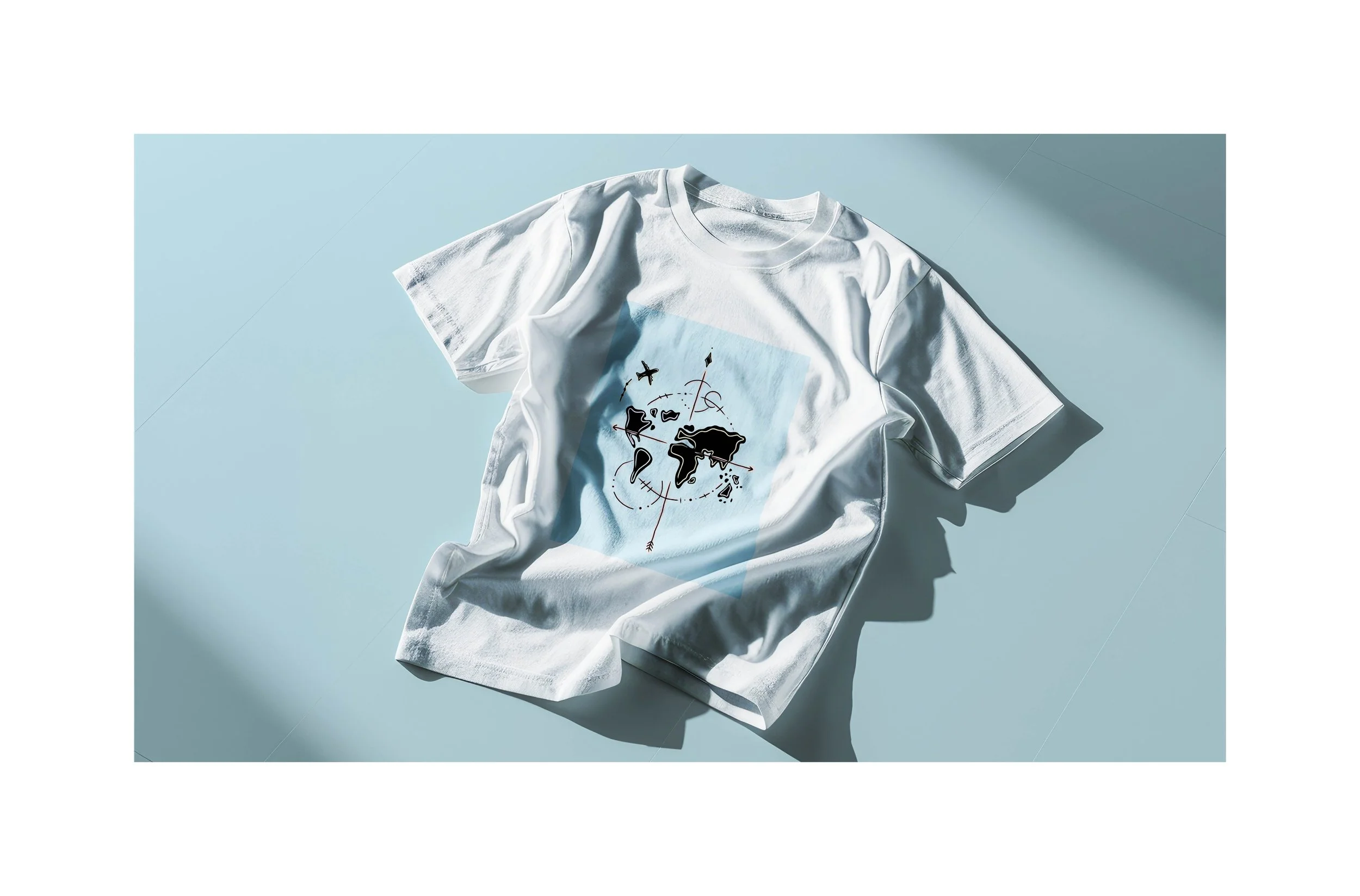 Doppelseite vom Portfolio. Weißes T-Shirt mit Weltkarten-Design und Navigationssymbolen, liegt auf einem hellblauen Hintergrund, teilweise in Sonnenlicht. Illustration von SPIRIT ANIMAL