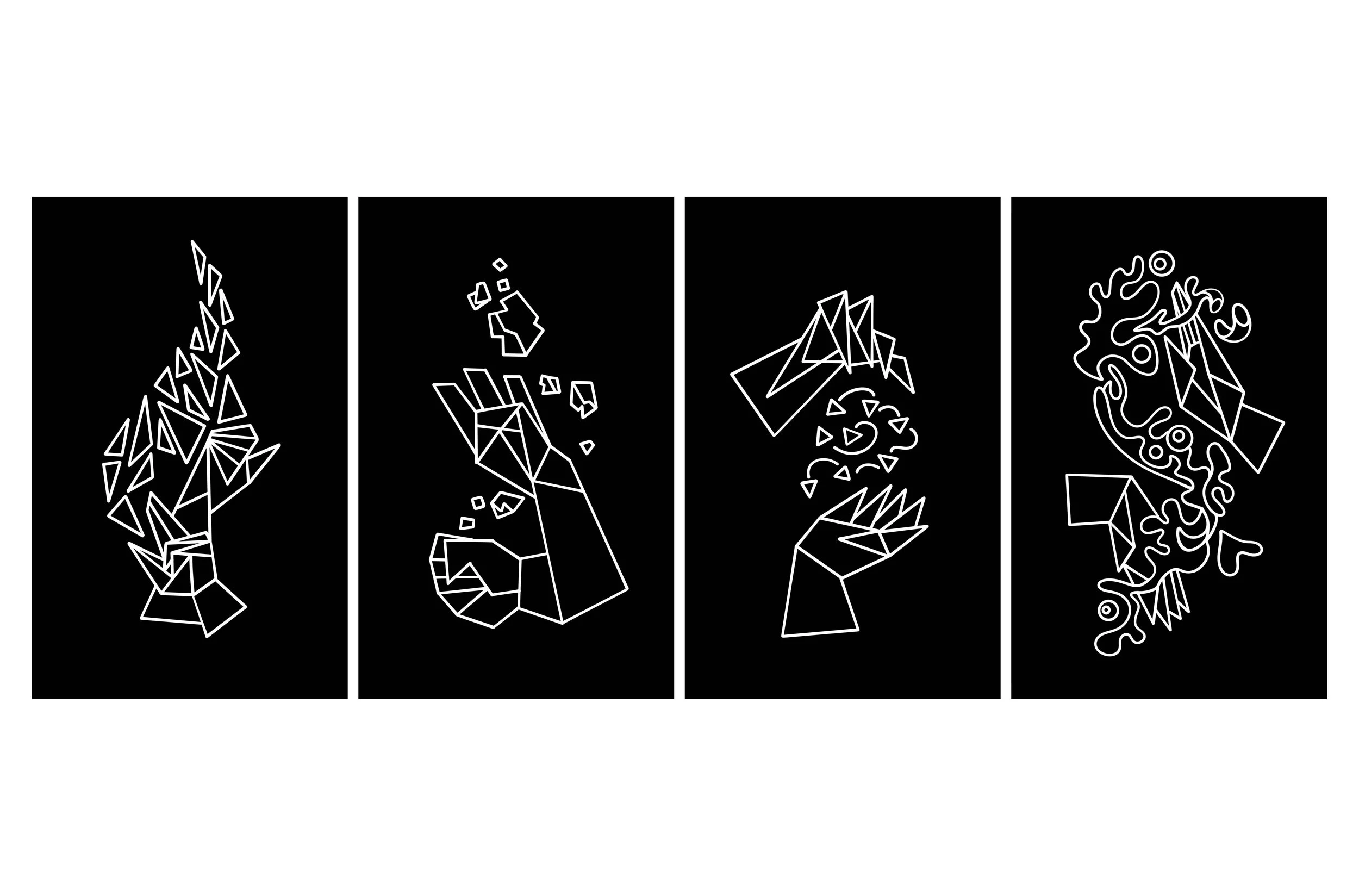 Doppelseite vom Portfolio. Ausgearbeitete Version vier geometrische Symbole, die die vier Elemente Feuer, Erde, Luft und Wasser. Weisse Linien auf schwarzem Hintergrund. THE FOUR ELEMENTS Projekt der Inhaberin von SPIRIT ANIMAL.