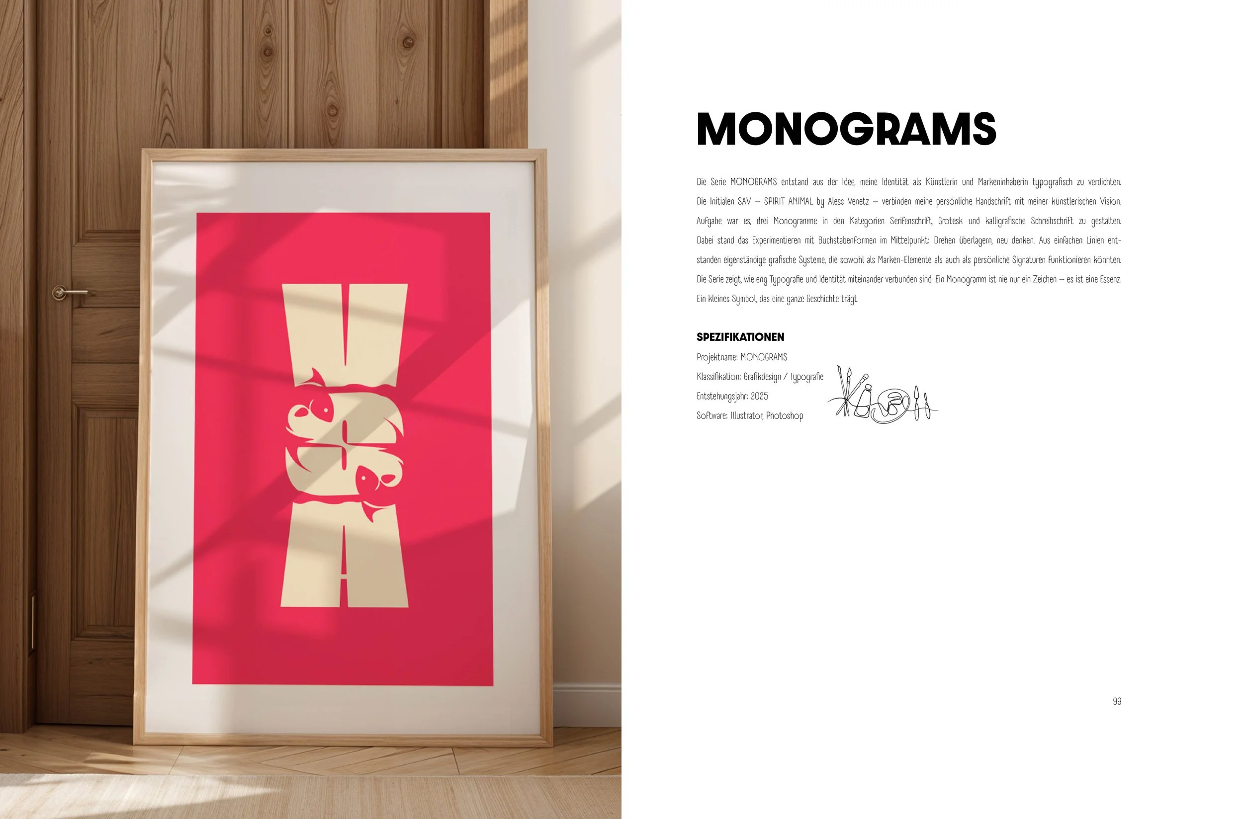 Doppelseite Portfolio. Links ein gerahmtes Monogramm-Kunstwerk, einer Typografie-Aufgabe von SPIRIT ANIMAL, mit pinkem Hintergrund und weißer Schrift, dass die Buchstaben 'S' und 'V' kreativ kombiniert. Rechts einen Text über das MONOGRAMS Projekt.