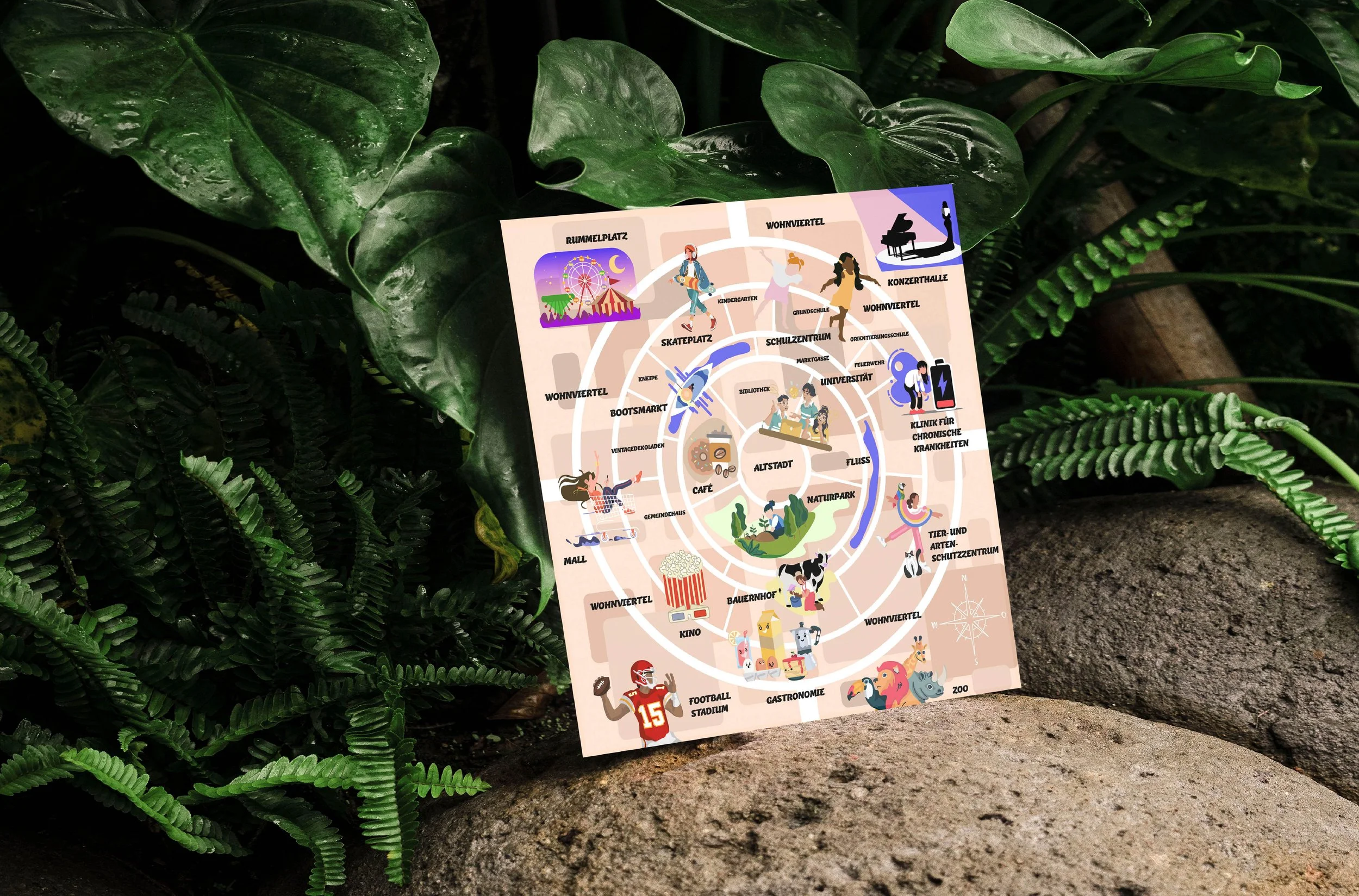 Doppelseite vom Portfolio. Wunschstadt des METROPOLIS OF WHISHES Projekts, mit verschiedenen Illustrationen von der Inhaberin von SPIRIT ANIMAL.