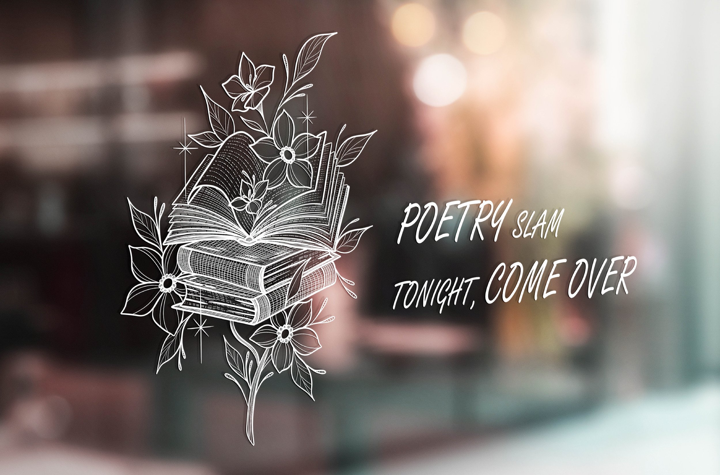 Doppelseite vom Portfolio. Illustration von SPIRIT ANIMAL, von einem offenen Buch mit Blumen und Blättern, mit dem Text 'Poetry Slam tonight, come over' Teil des THE MOMENT I LOST YOU Projekt.