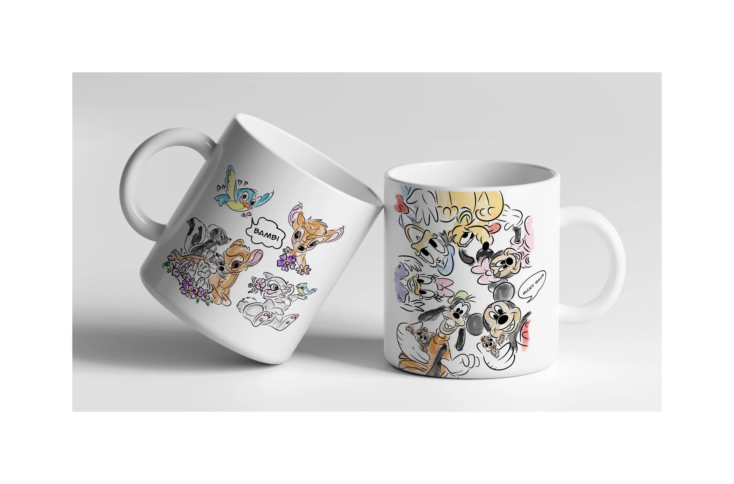 Doppelseite vom Portfolio. Ein Mockup zweier Illustrationen von der Inhaberin von SPIRIT ANIMAL, von verschiedenen Videospiel- und TV-Charakteren. Teil des CHILDHOOD NEVER DIES Projekt.