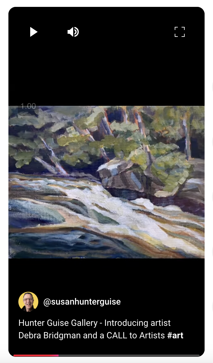 A colorful painting of a river flowing past rocks and trees in a wilderness setting.
