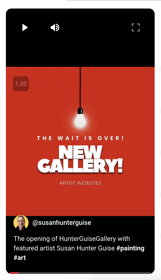 Announcement for the opening of Hunter Guise Gallery featuring artist Susan Hunter Guise, with a red background, a hanging light bulb, and white text.