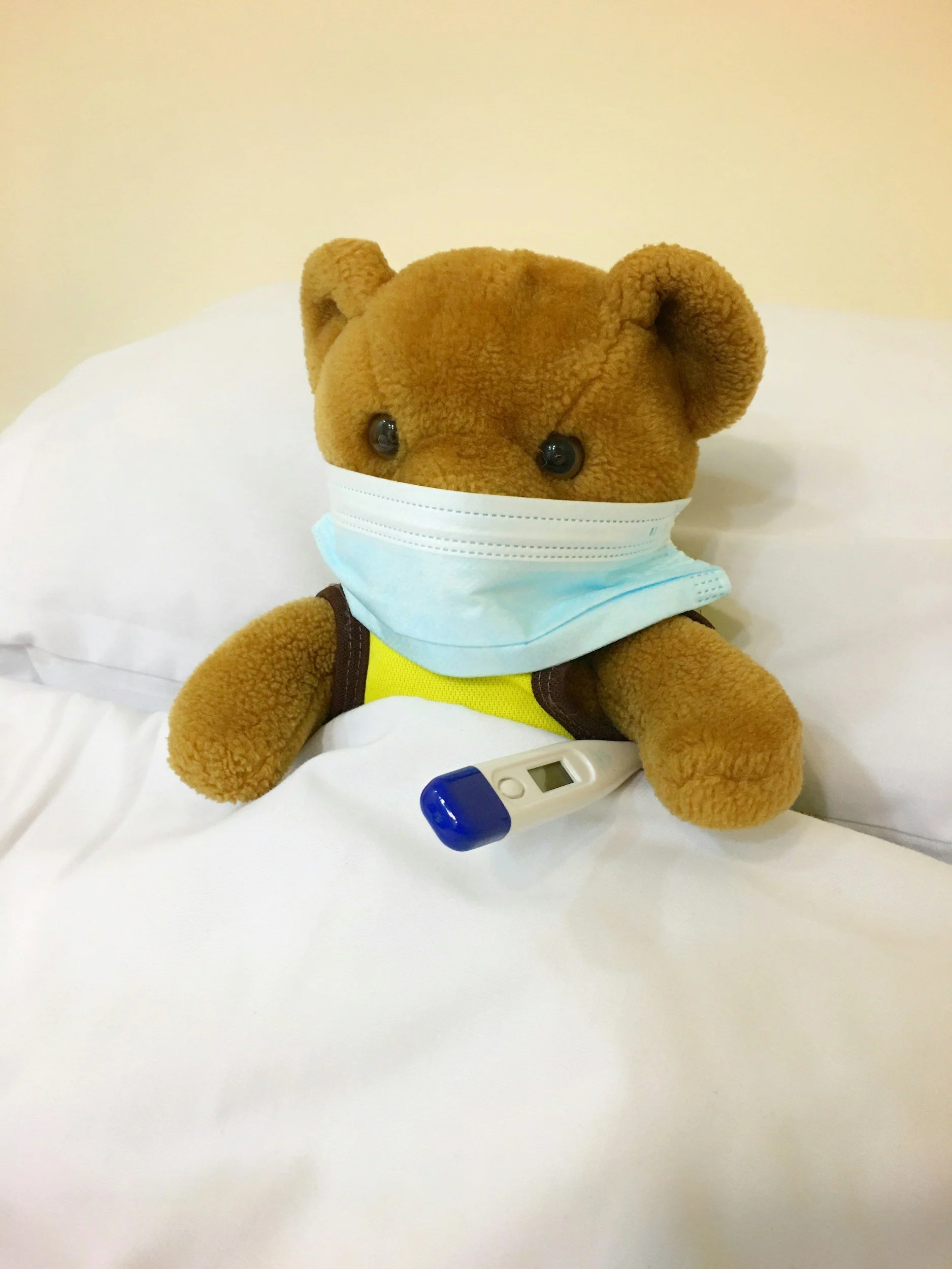 Teddy bear wearing a blue face mask with a thermometer.
