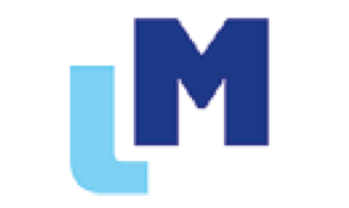 Grafiek of logo met de tekst 'L M' in blauwe letters.