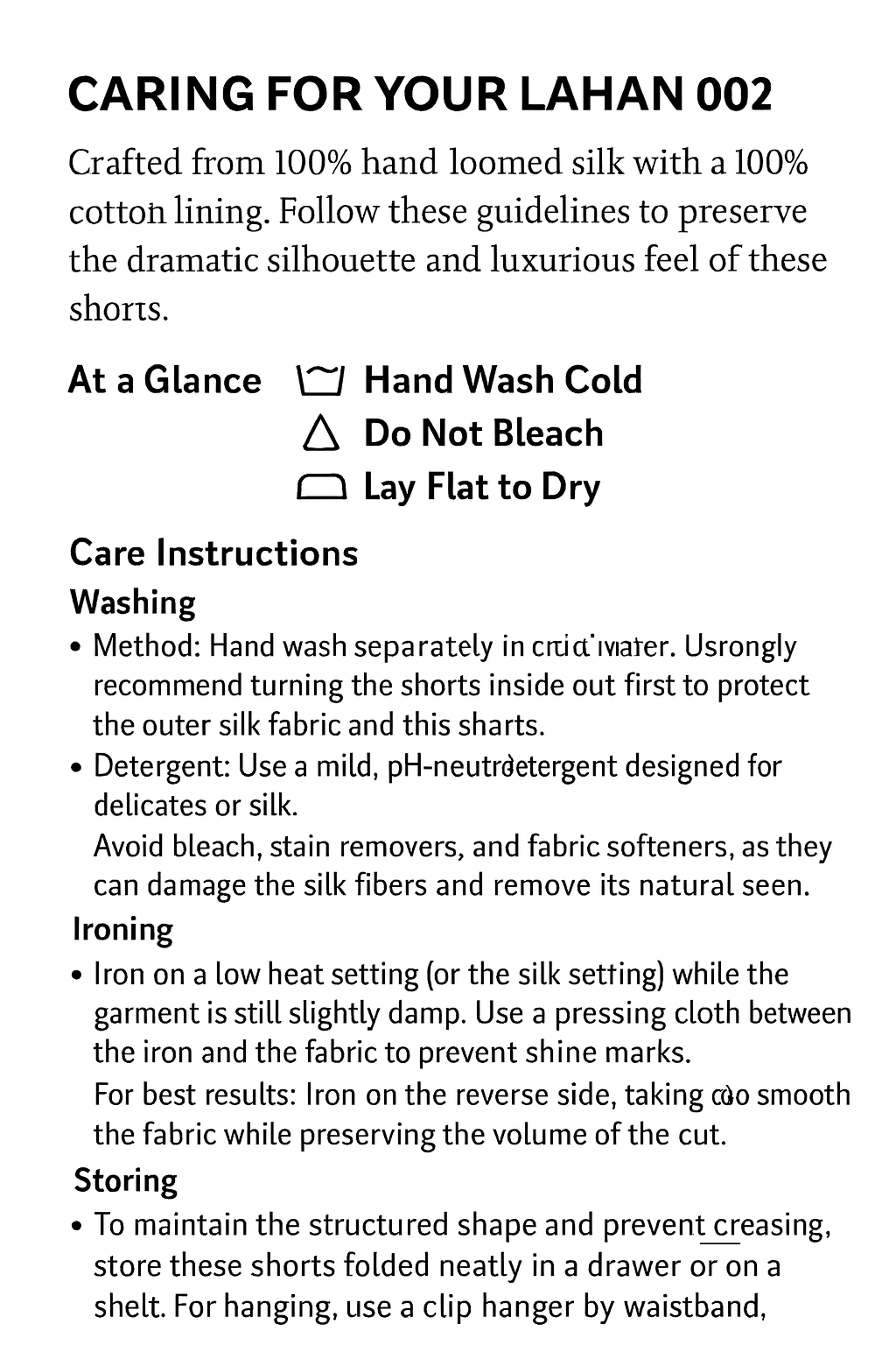 Instructions for caring for Lahan 002 fabric shorts, including washing, ironing, and storage guidelines.