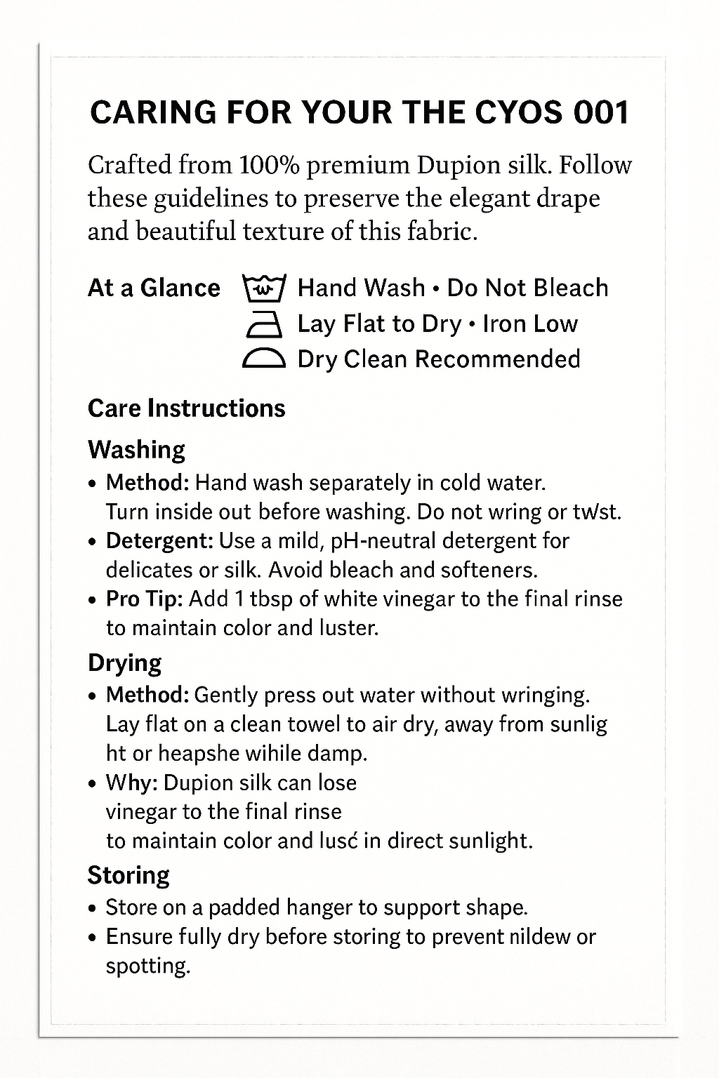 Instructions for caring for a silk fabric, including washing, drying, and storing guidelines.
