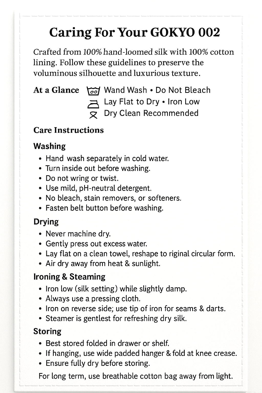 Care instructions for Gokyo 002 silk garment, including washing, drying, ironing, steaming, and storage guidelines.