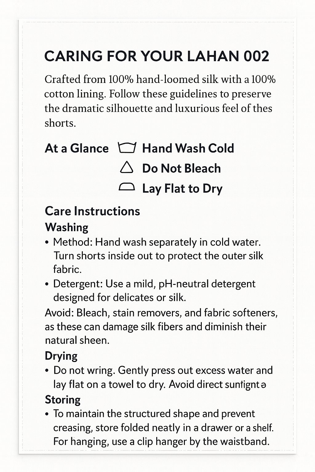 Instructions for caring for Laham 002 shorts, including washing, drying, and storing guidelines, with symbols for hand wash cold, do not bleach, and lay flat to dry.