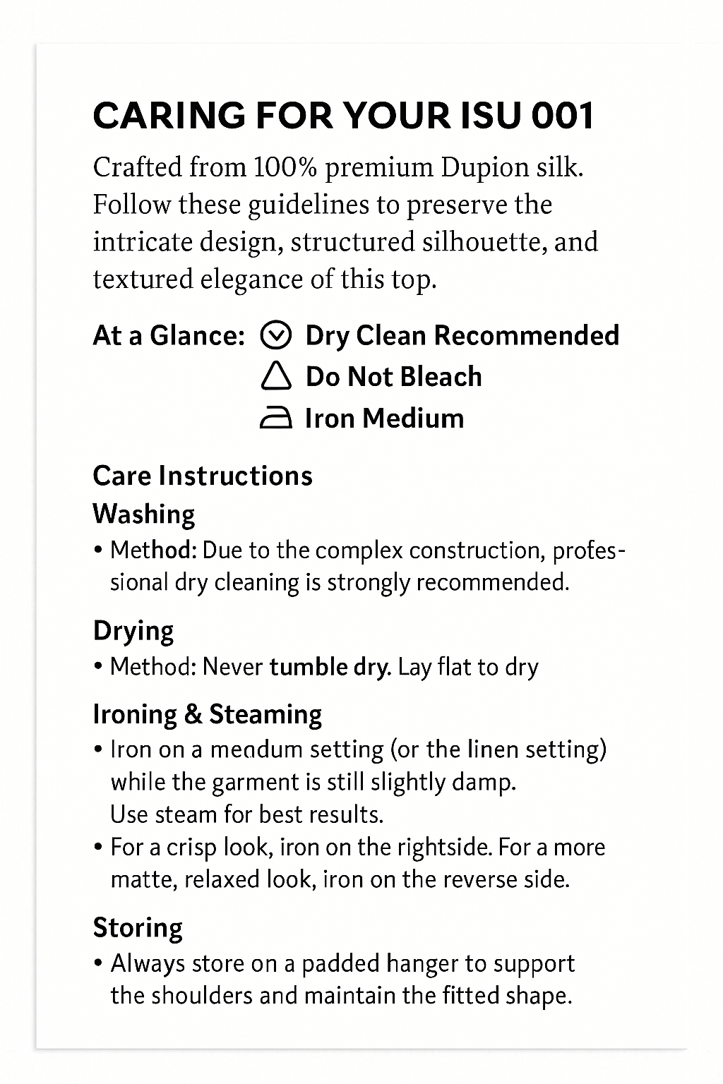 Instructions for caring for an ISU 001 garment, including guidelines on drying, bleaching, ironing, washing, and storing, with symbols indicating dry clean recommended, do not bleach, and iron medium.