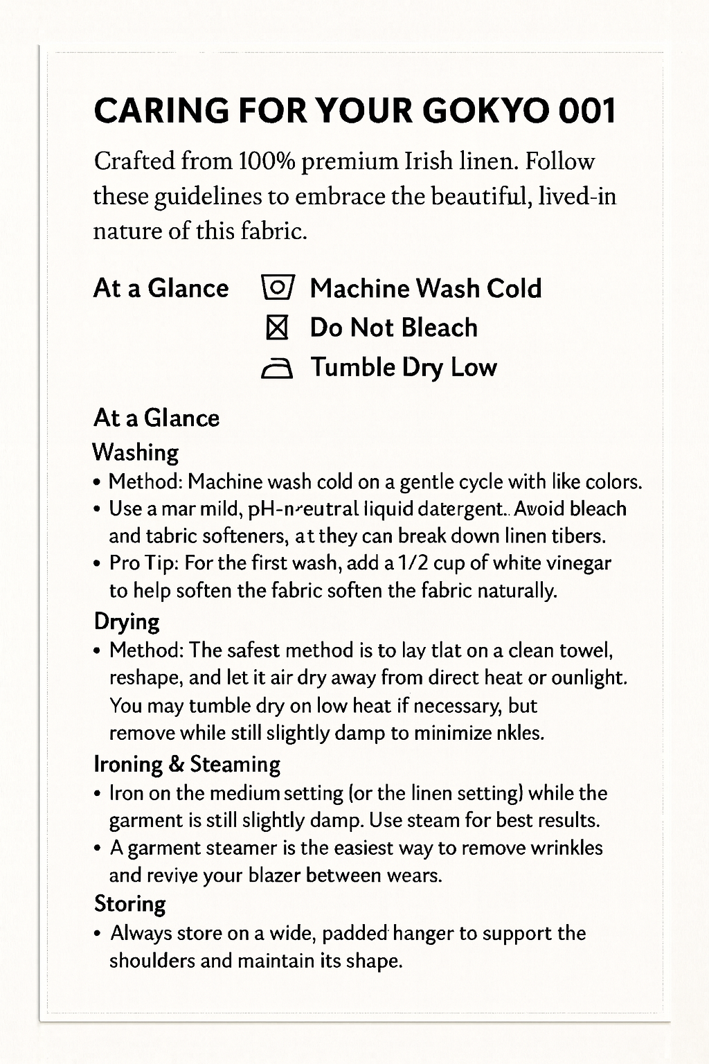 Care instructions for Gokyo linens, including washing, drying, ironing, steaming, and storing guidelines.