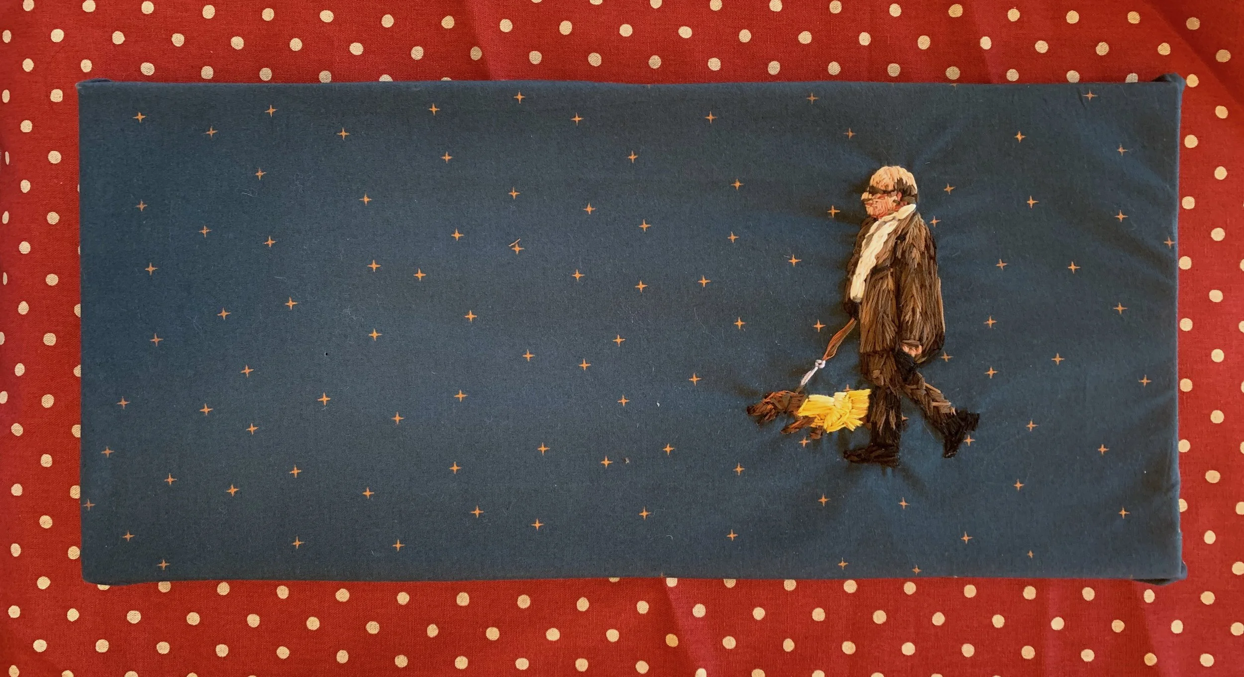 based on a photo of Danny Devito walking his dachshund by Benjamin Curry