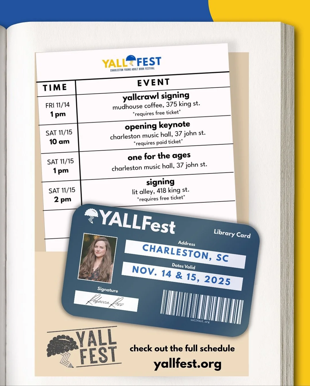 My @yallfest schedule is officially live! 💛📖💫

Here&rsquo;s where you can find me! My signings on Friday and Saturday are ticketed (but tickets are free!) and they&rsquo;ll be available to reserve on November 1st at 2 pm ET through Eventbright, (w