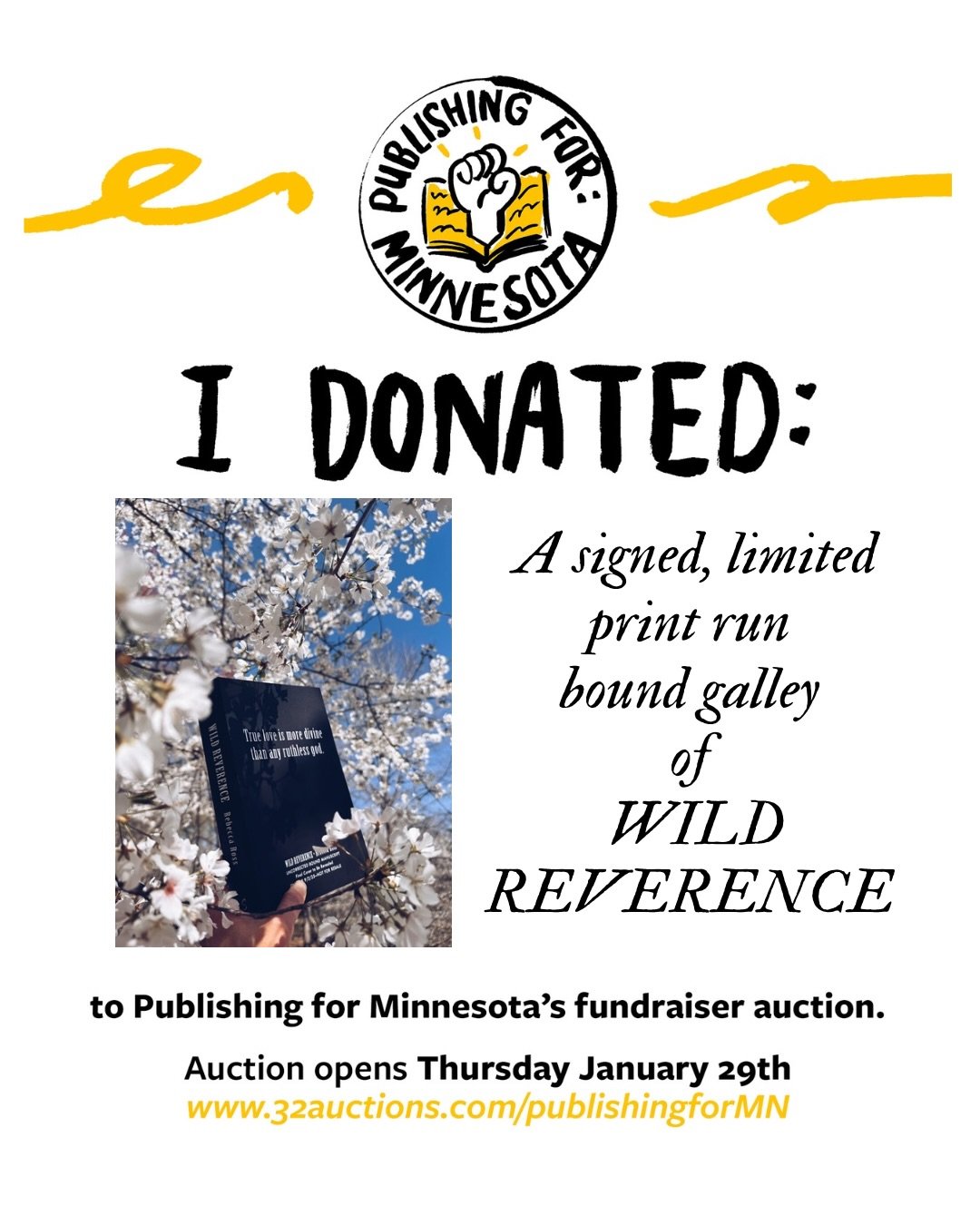 Hi friends! I&rsquo;ve donated a signed bound galley of WILD REVERENCE to the @publishingforminnesota auction ❤️📖

This bound galley is one of my favorites and is quite rare as only a limited number of them were printed. I&rsquo;m honored to donate 