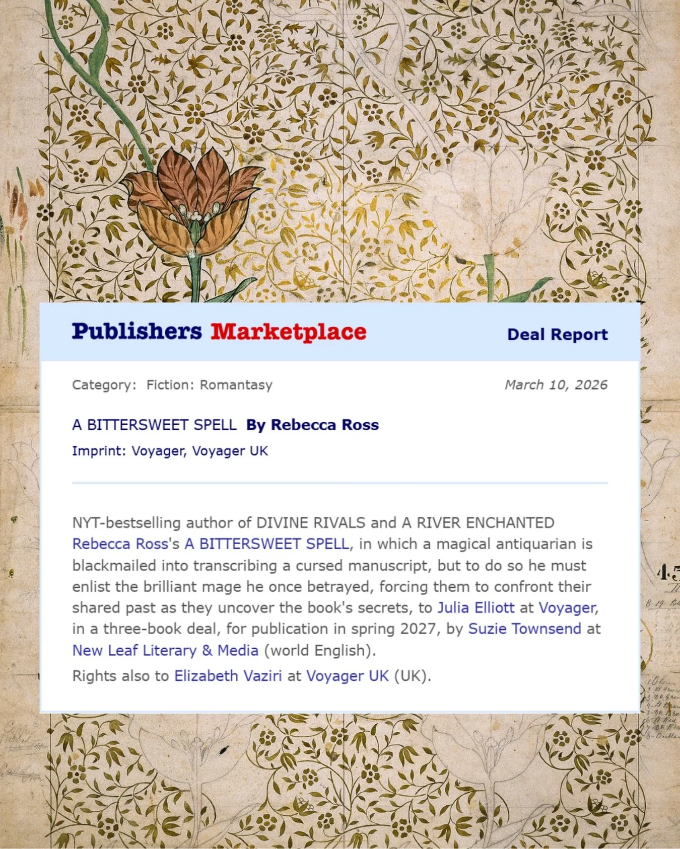 Introducing my next book, A BITTERSWEET SPELL 💫 
Publishing Spring 2027! 🌿

Here&rsquo;s the pitch:
&ldquo;A magical antiquarian is blackmailed into transcribing a cursed manuscript, but to do so he must enlist the brilliant mage he once betrayed, 