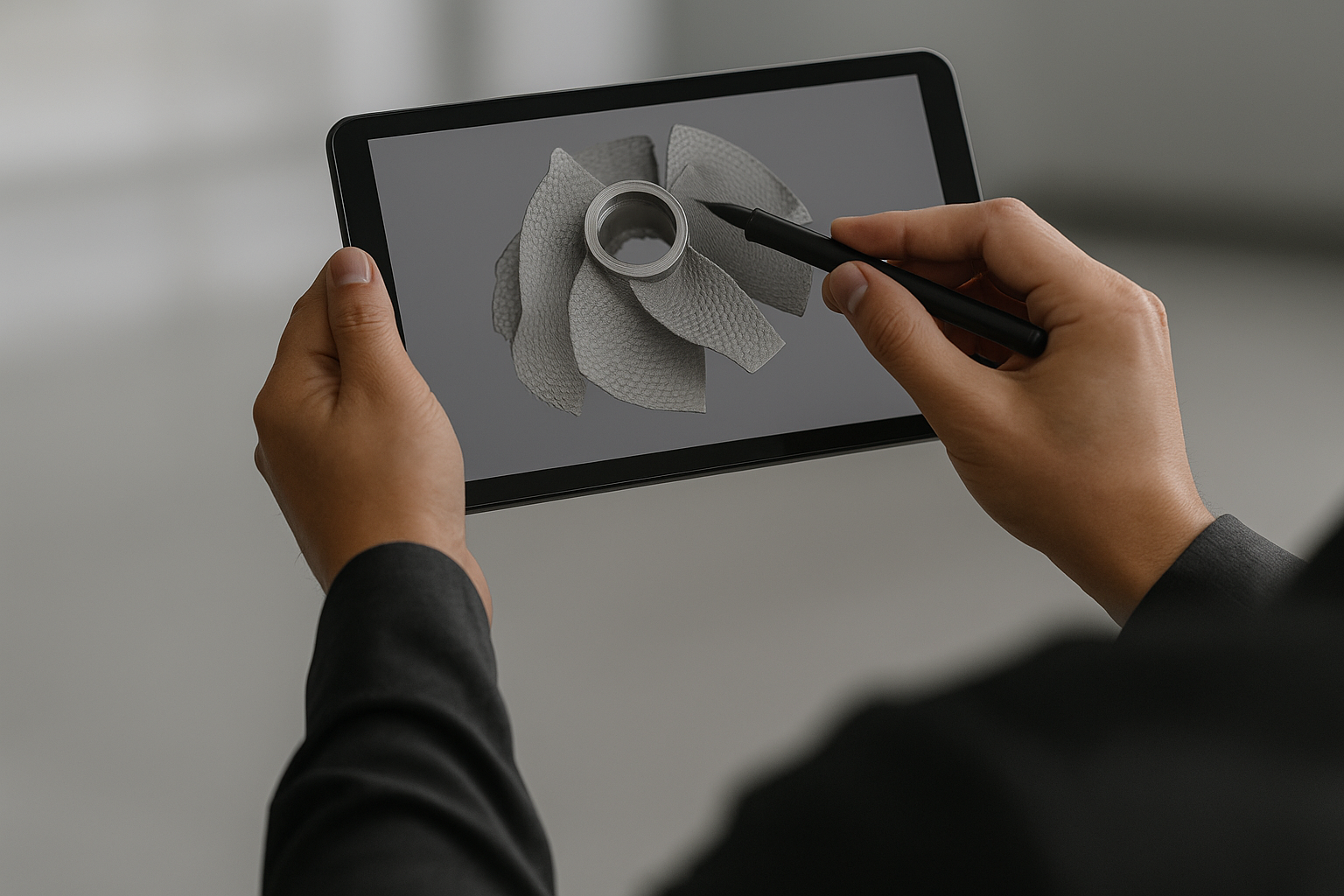 Person holding a tablet and using a stylus to draw a three-dimensional abstract sculpture with textured gray material on the screen.