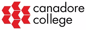 Canadore College logo with red hexagon design and black text.