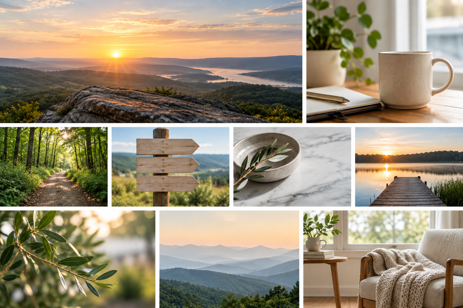 Collage of nature scenes including sunrise over mountains, a forest trail, a wooden directional sign, a lake at sunset, a bowl with leaves, a coffee cup by a window, and a cozy indoor scene with a sofa and blanket.