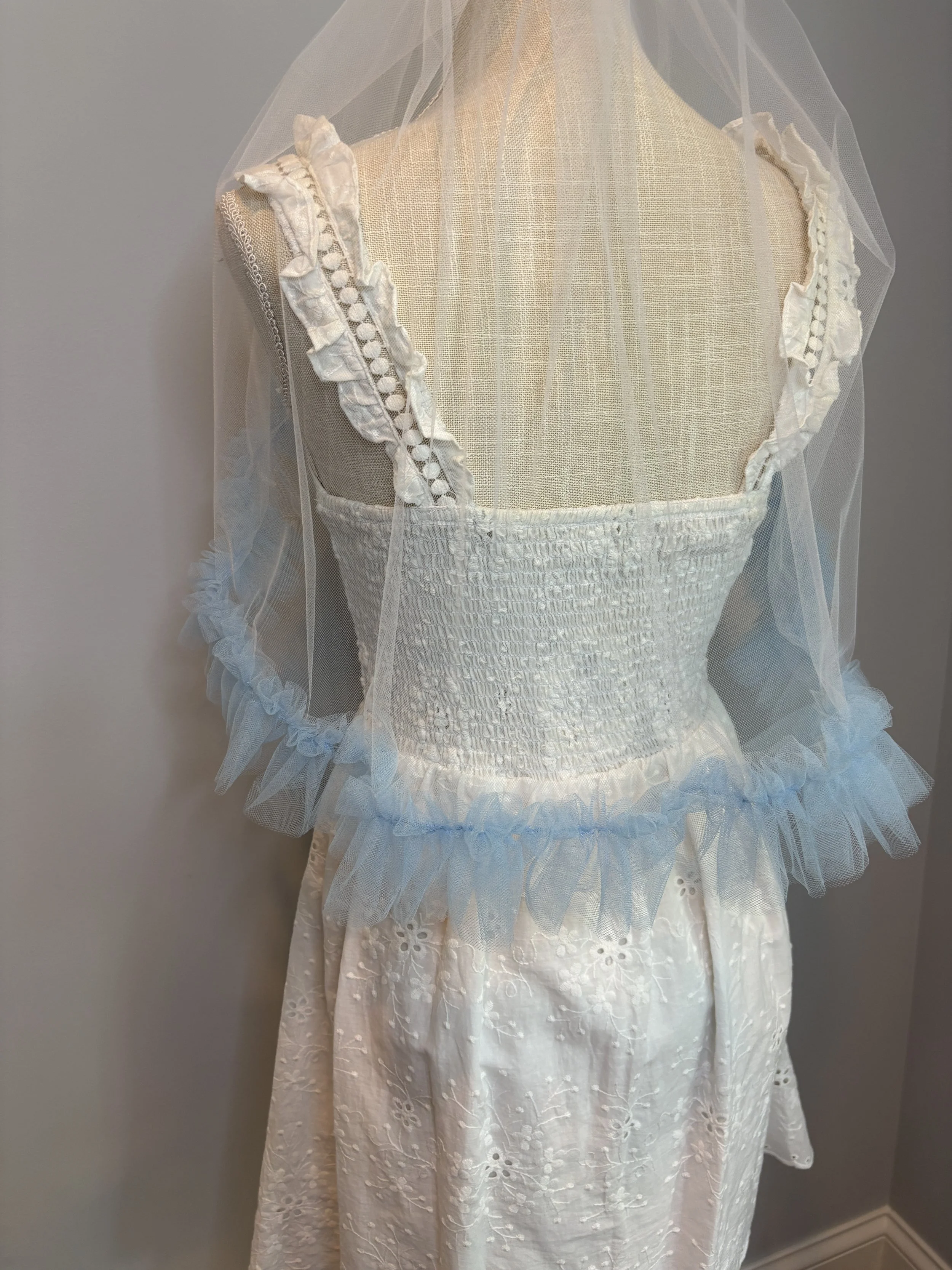 White Tulle with Blue Ruffle $50