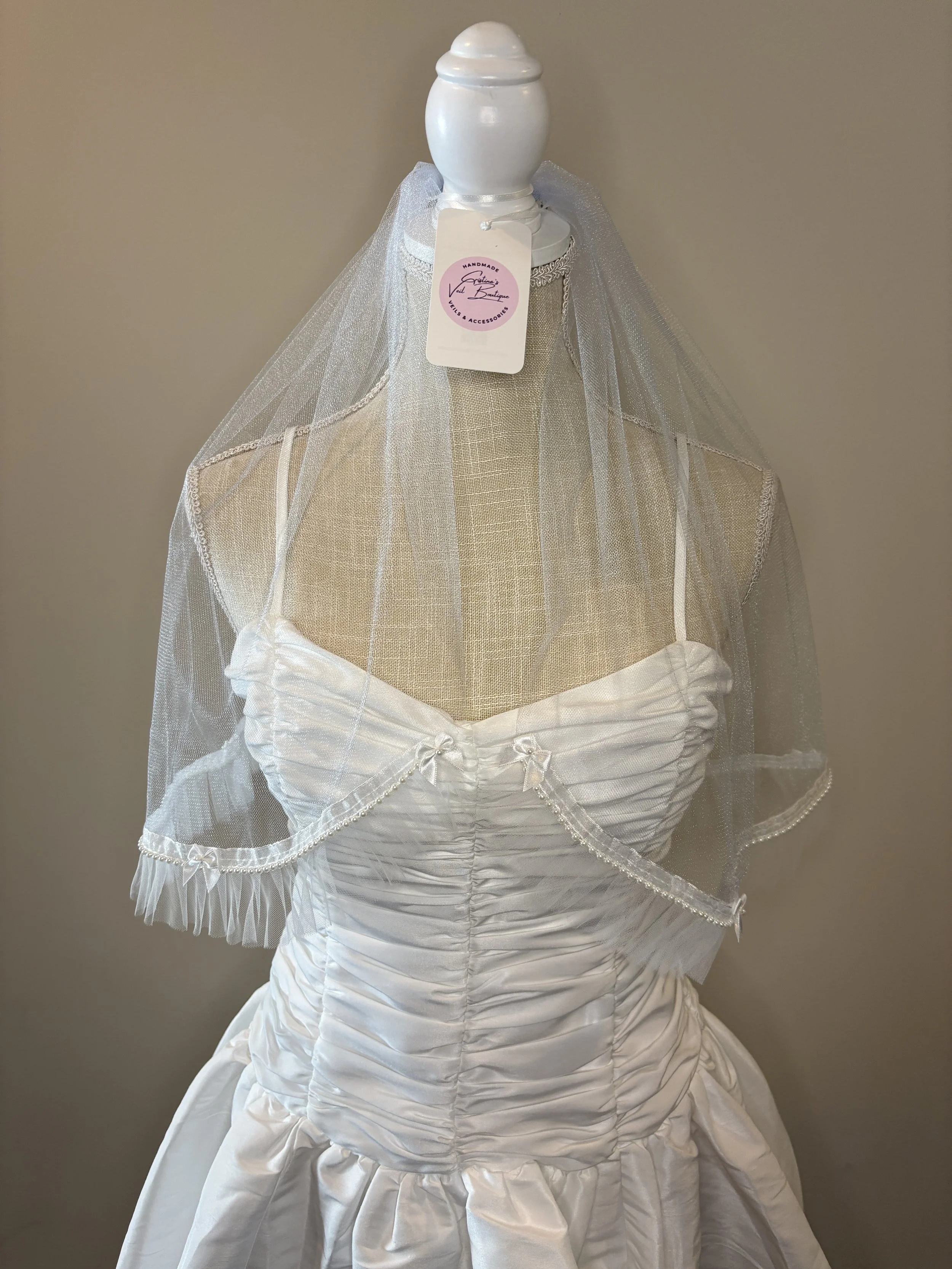 Light Blue Shimmer Tulle with Pearl & Tulle Ruffle Trim $60